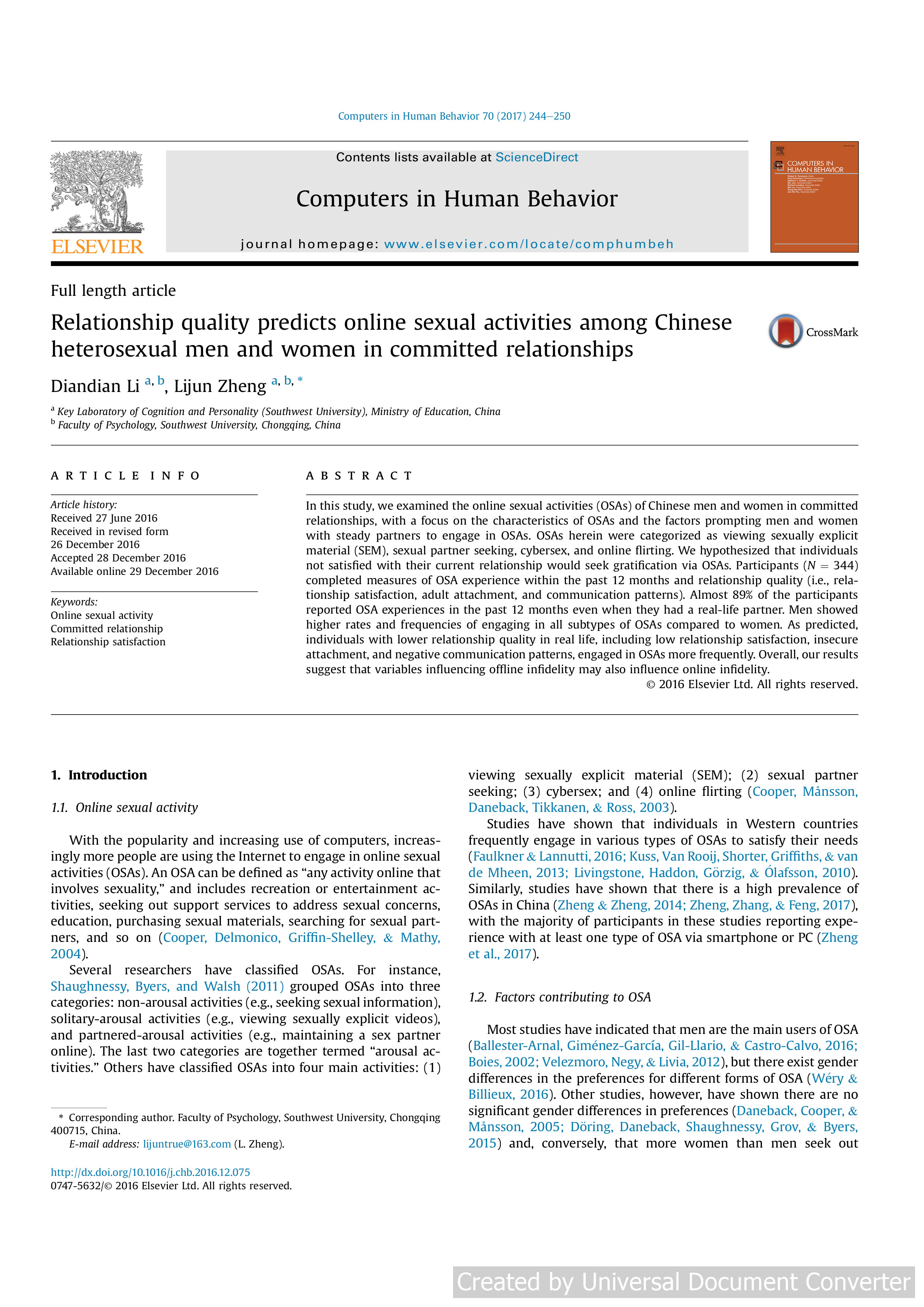 Relationship quality predicts online sexual activities among Chinese heterosexual men and women in committed relationships