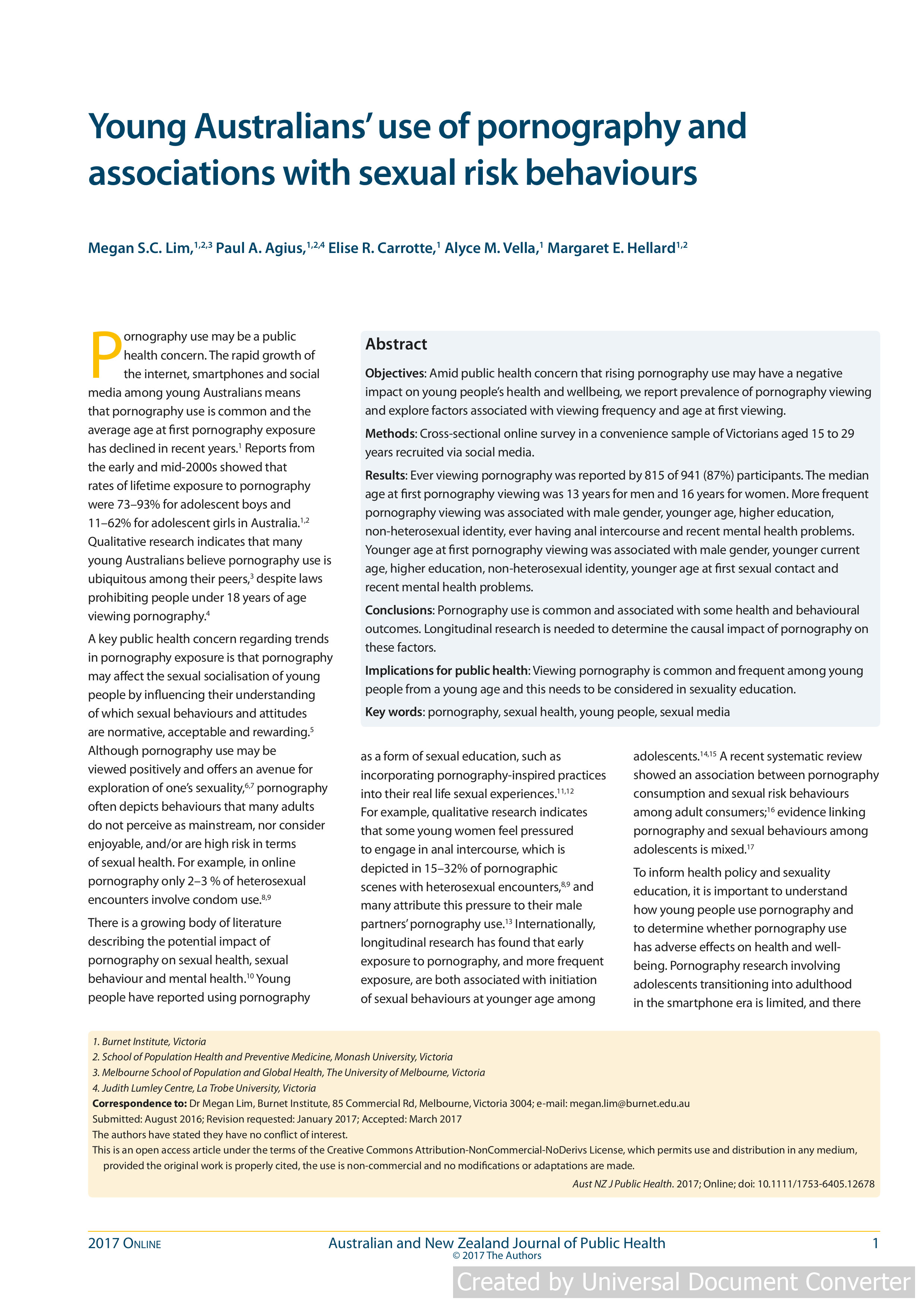 Young Australians' use of pornography and associations with sexual risk behaviours