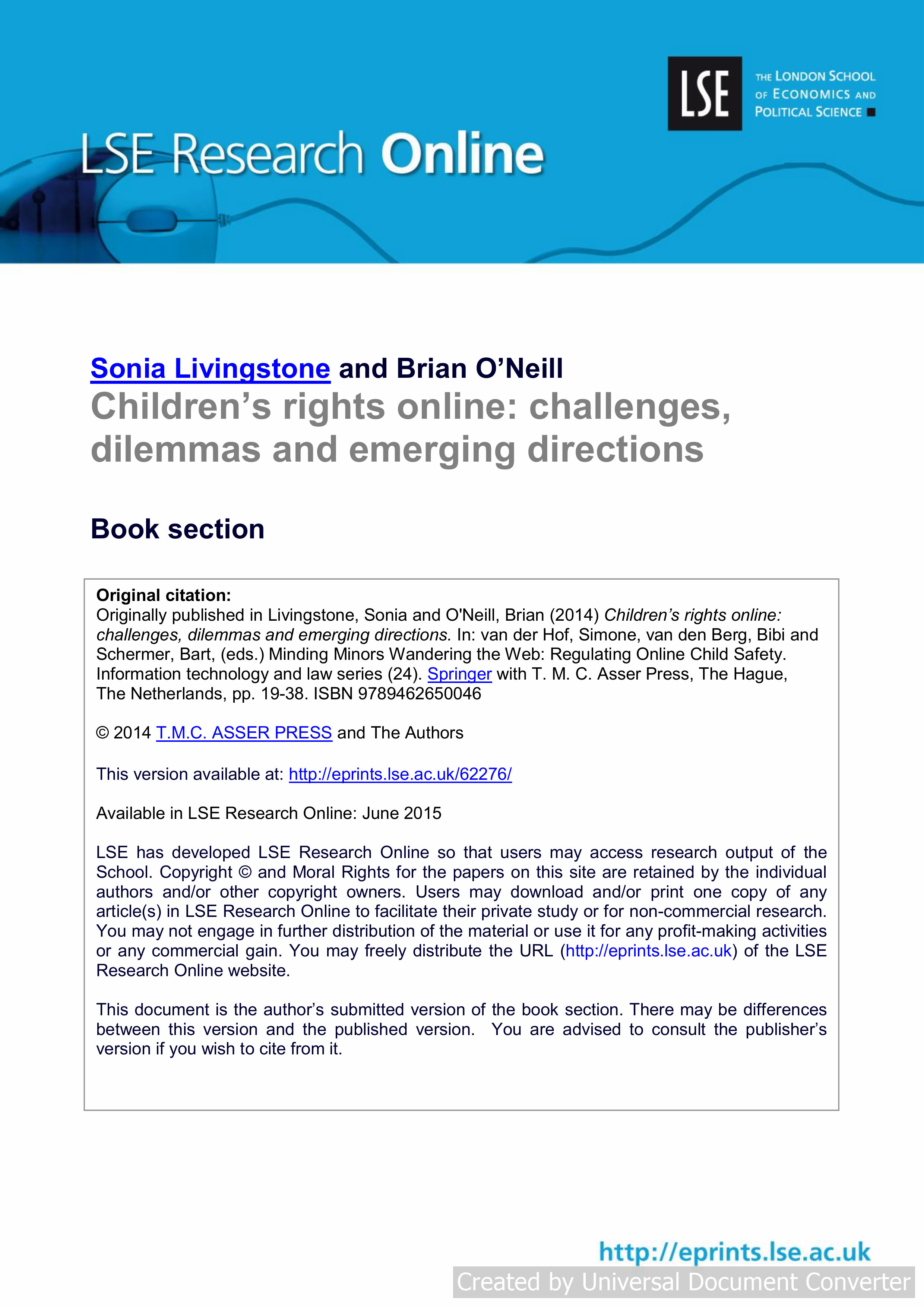 Children’s Rights Online: Challenges, Dilemmas and Emerging Directions