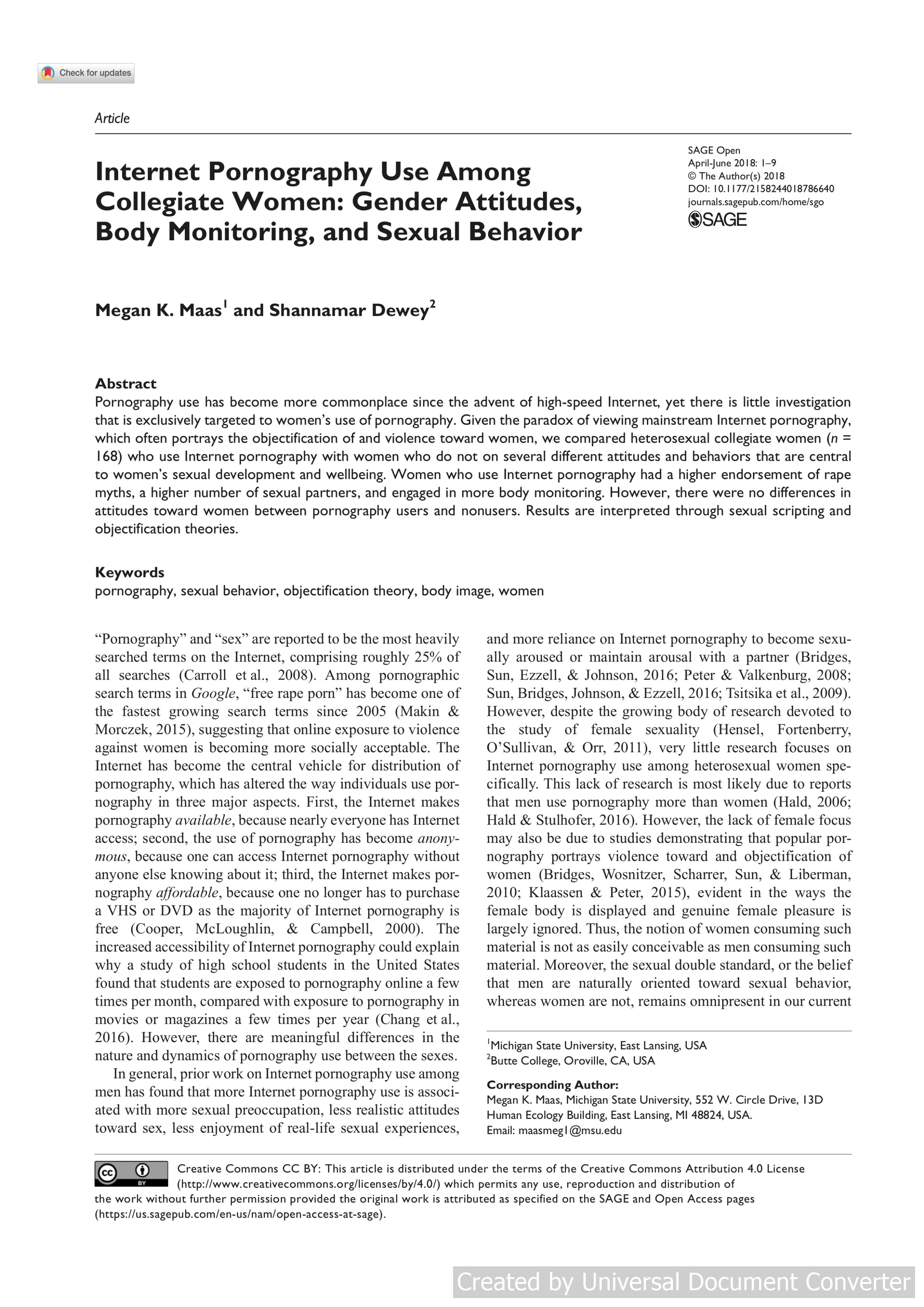 Internet Pornography Use Among Collegiate Women: Gender Attitudes, Body Monitoring, and Sexual Behavior