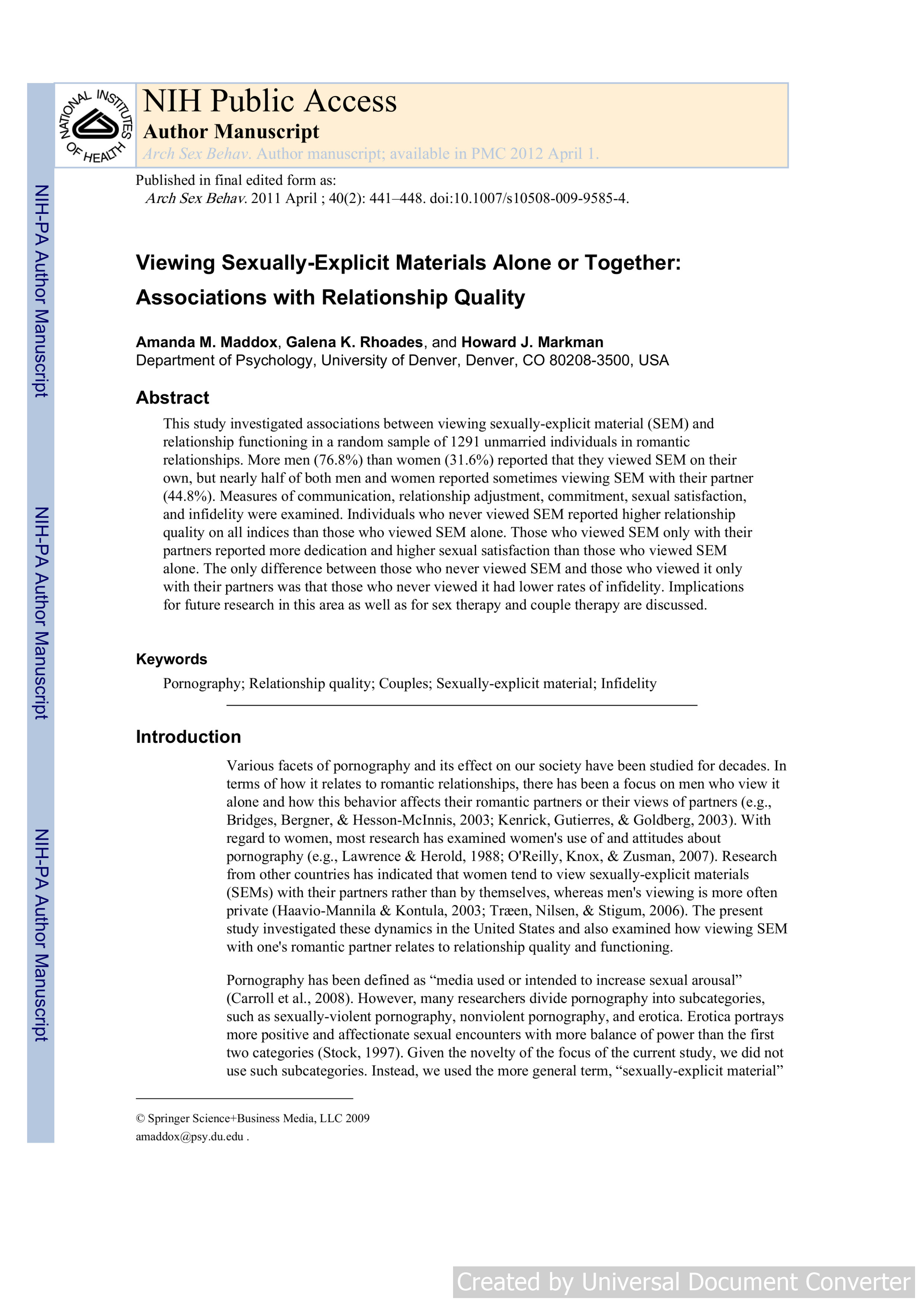 Viewing Sexually-Explicit Materials Alone or Together: Associations with Relationship Quality