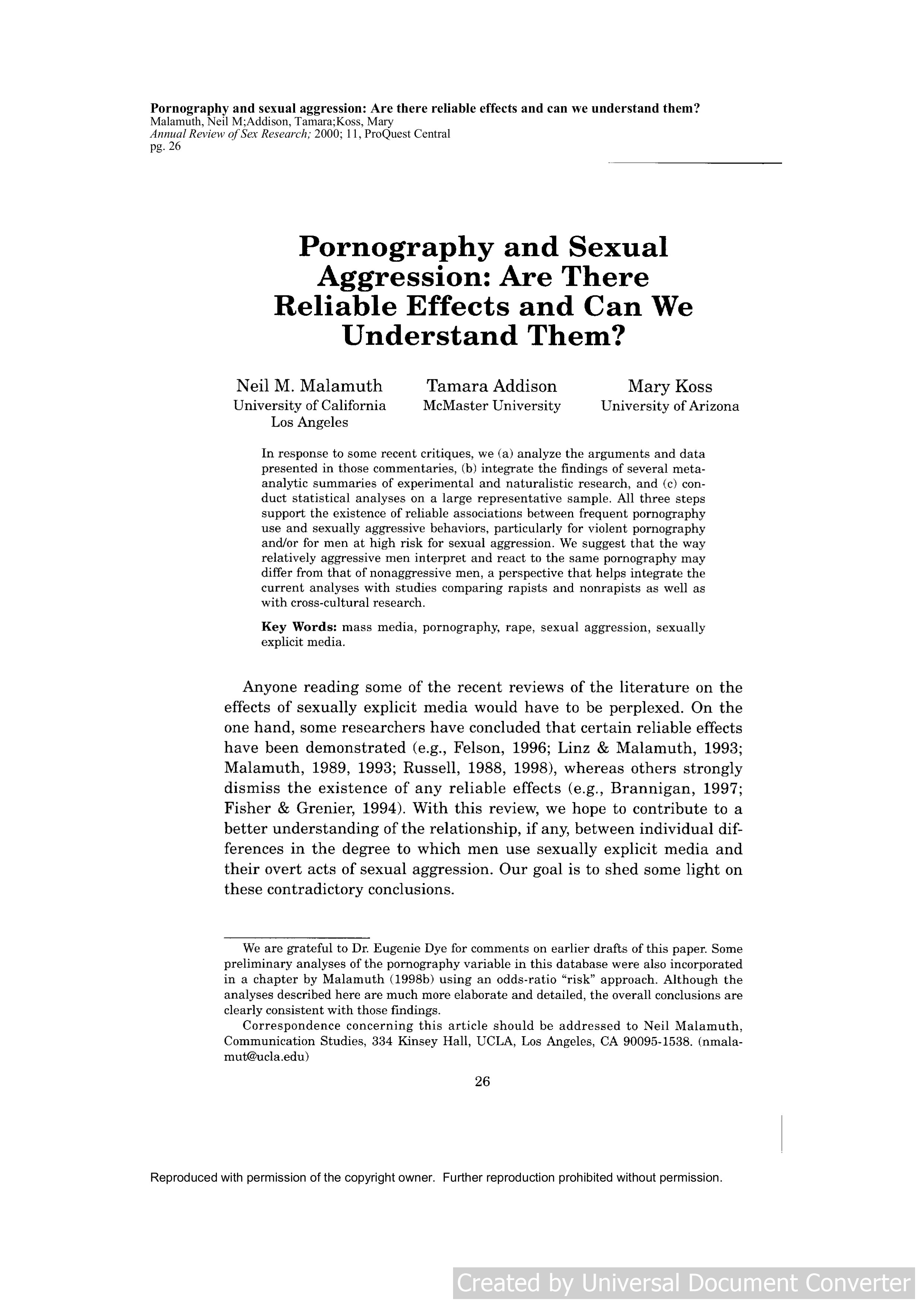 Pornography and Sexual Aggression