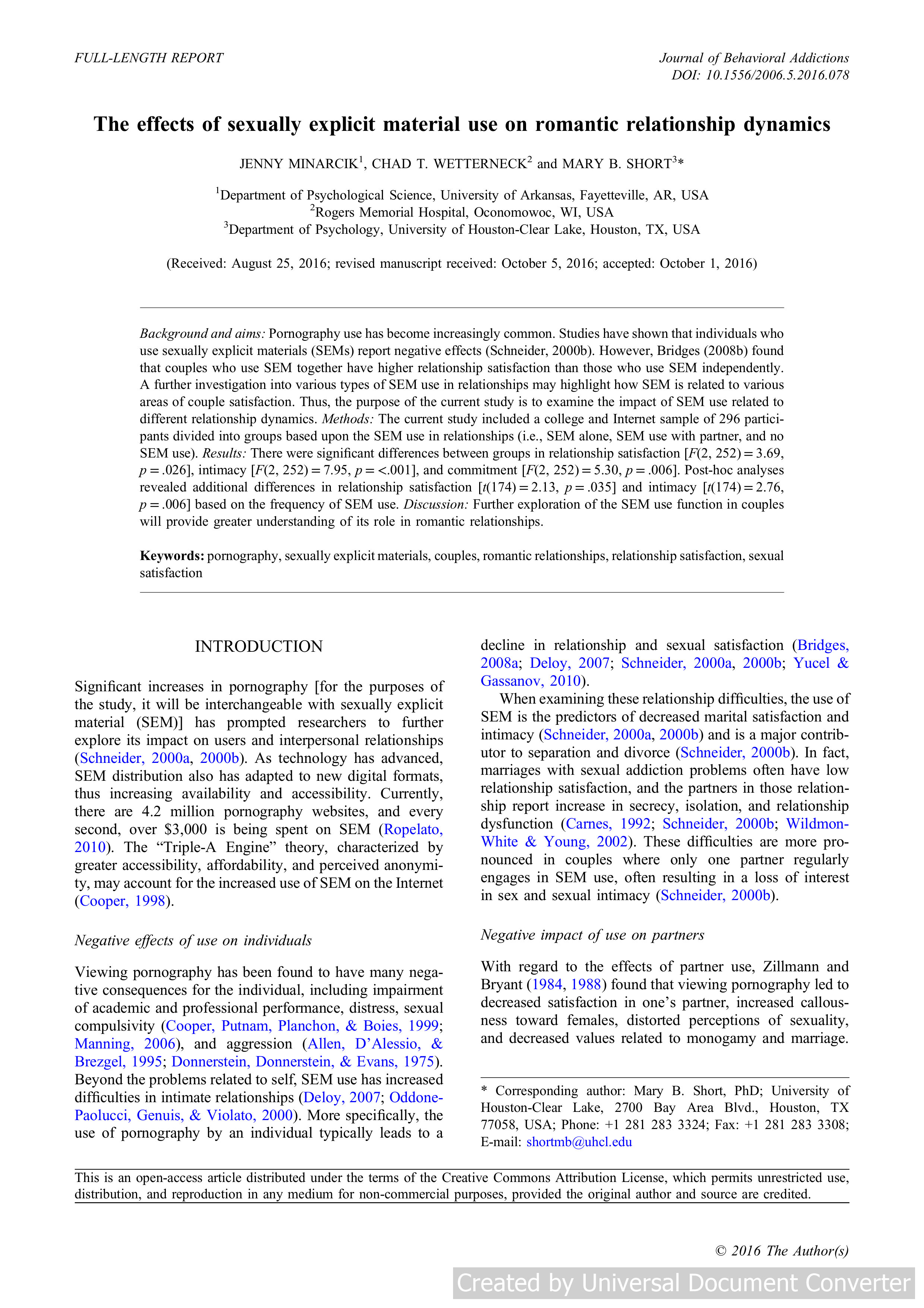 The effects of sexually explicit material use on romantic relationship dynamics