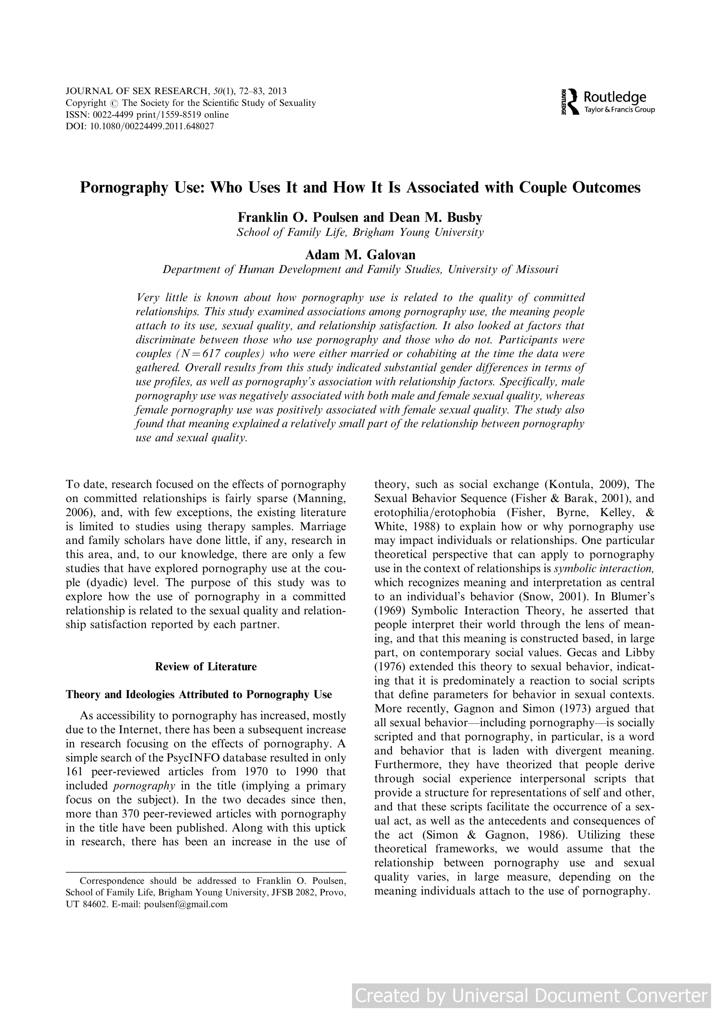 Pornography Use: Who Uses It and How It Is Associated with Couple Outcomes