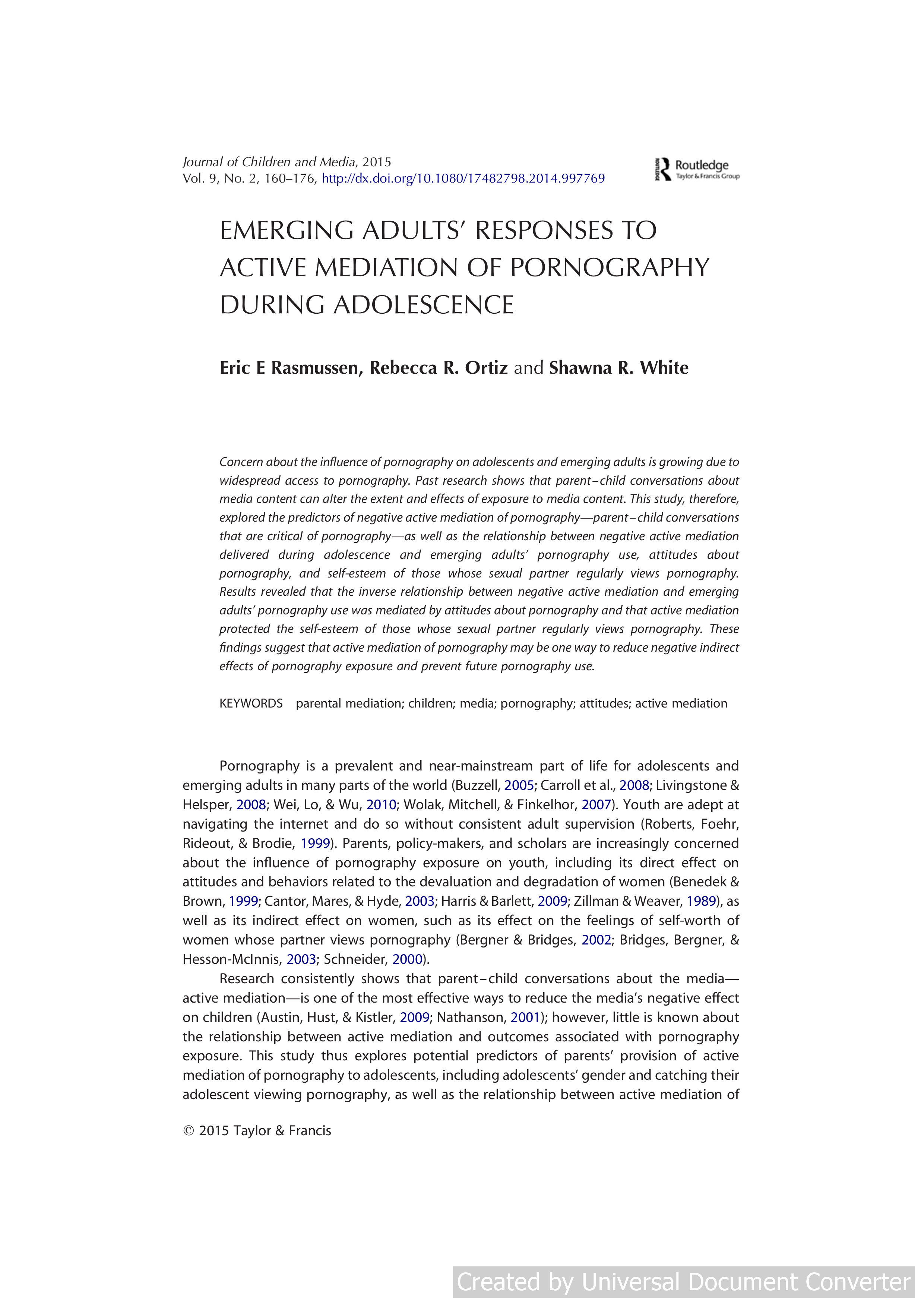 Emerging Adults' Responses to Active Mediation of Pornography During Adolescence