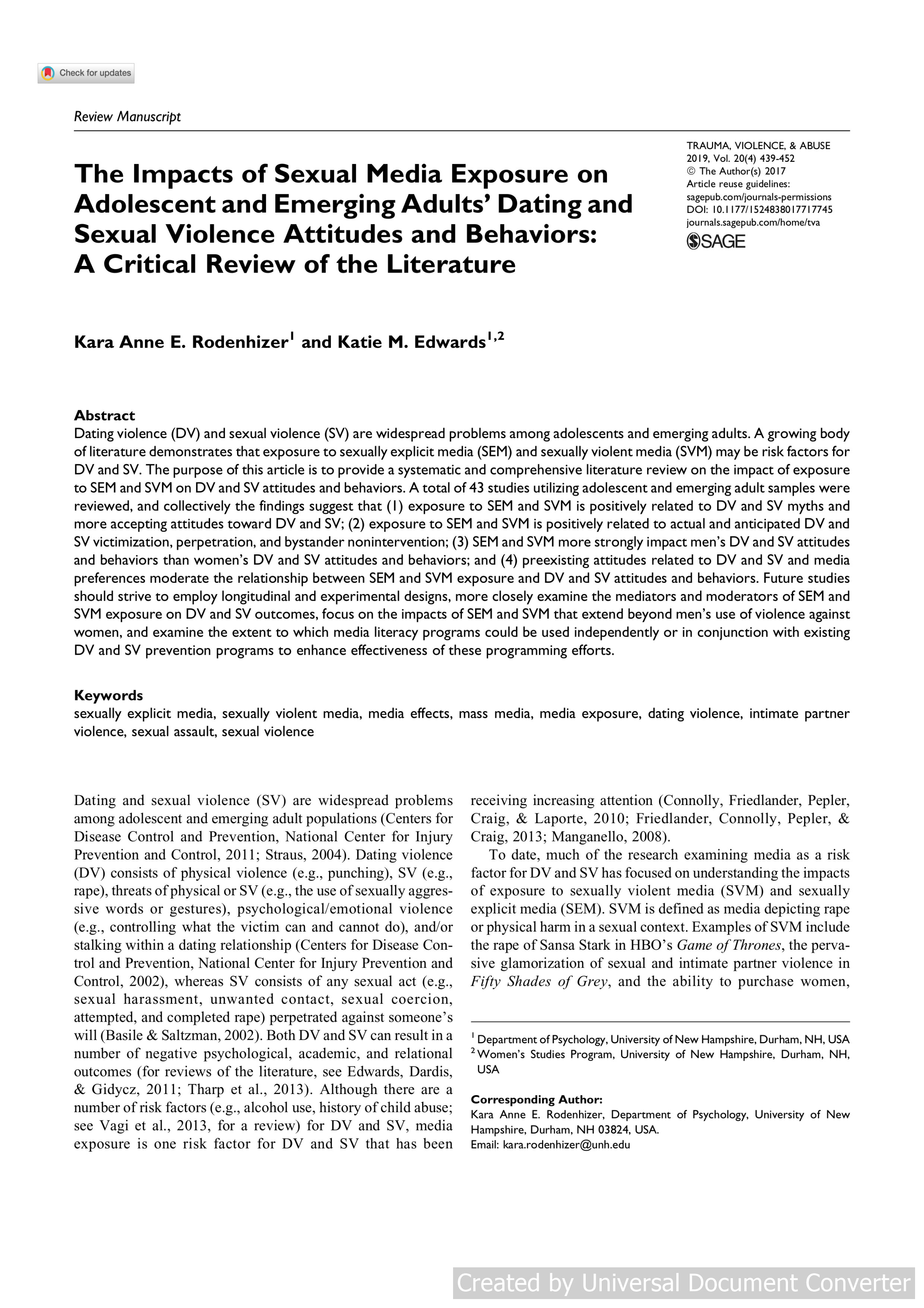 The Impacts of Sexual Media Exposure on Adolescent and Emerging Adults’ Dating and Sexual Violence Attitudes and Behaviors: A Critical Review of the Literature