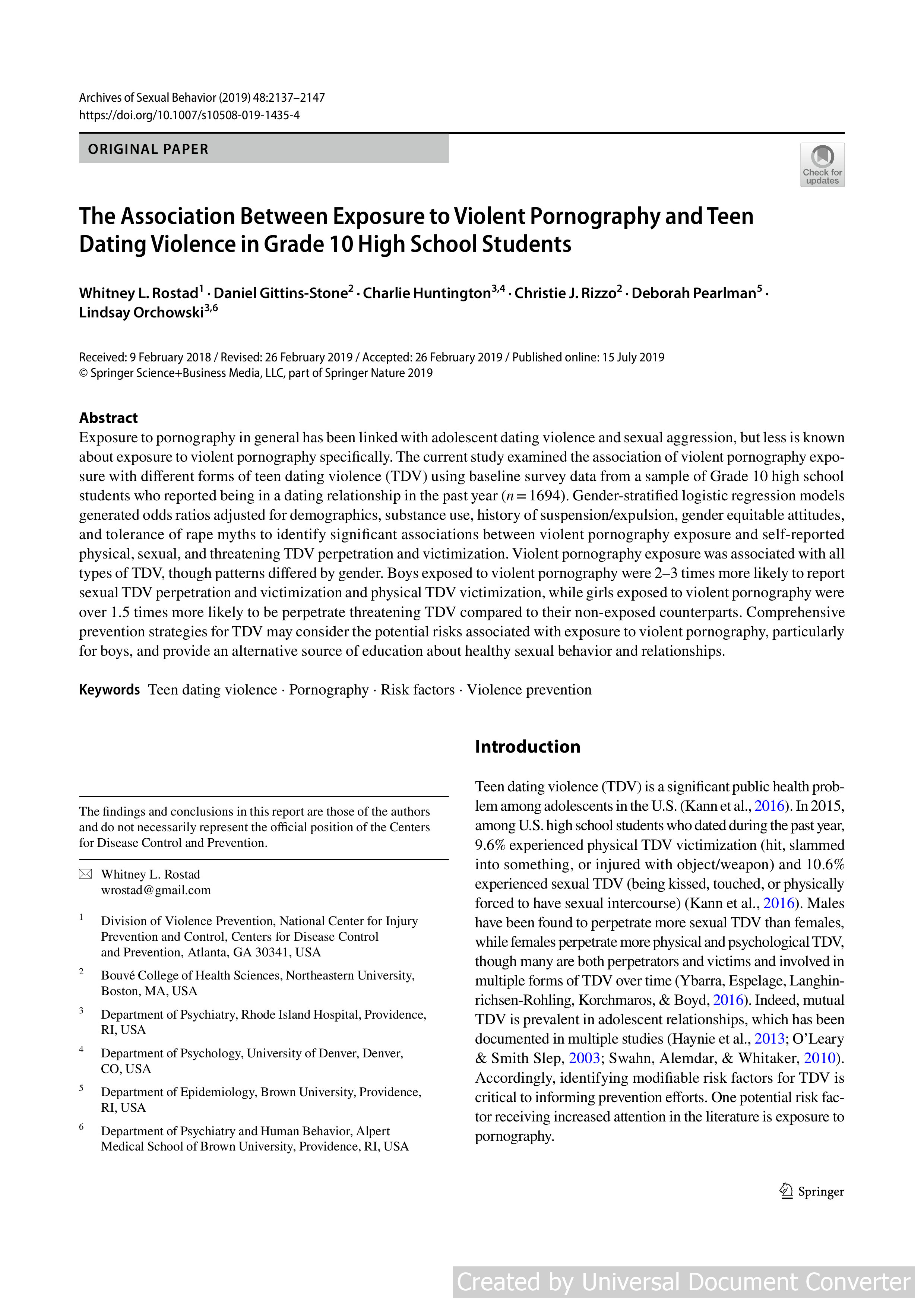 The Association Between Exposure to Violent Pornography and Teen Dating Violence in Grade 10 High School Students