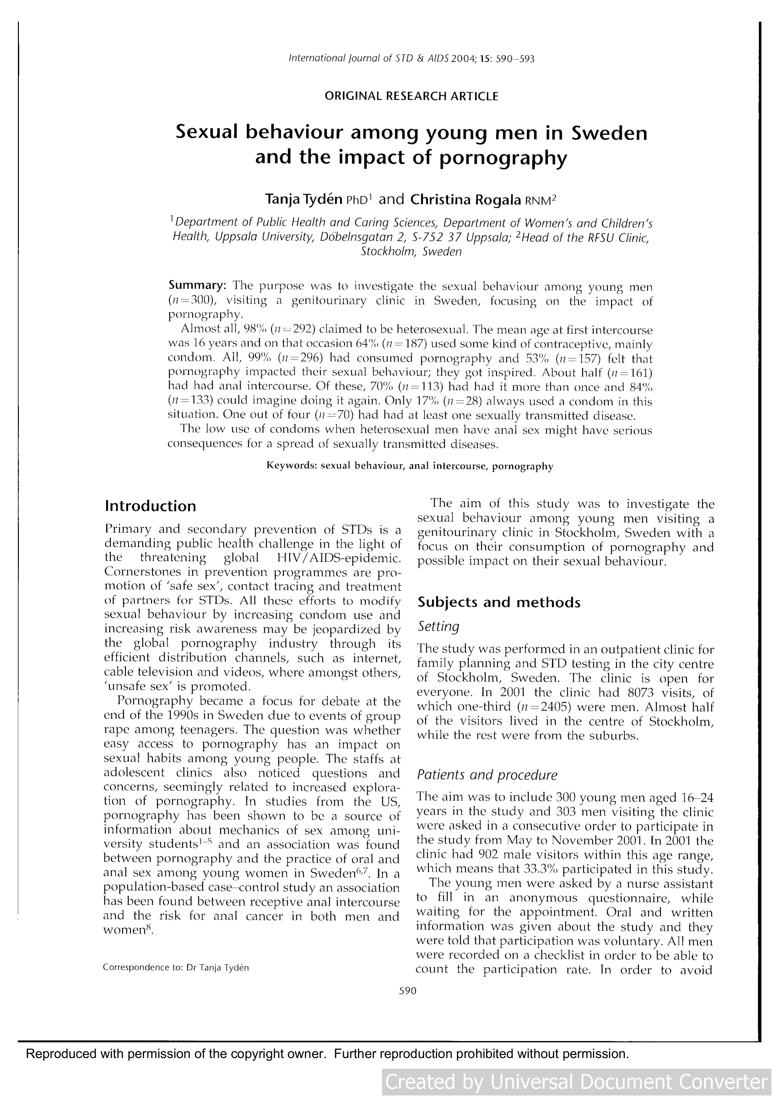 Sexual behaviour among young men in Sweden and the impact of pornography