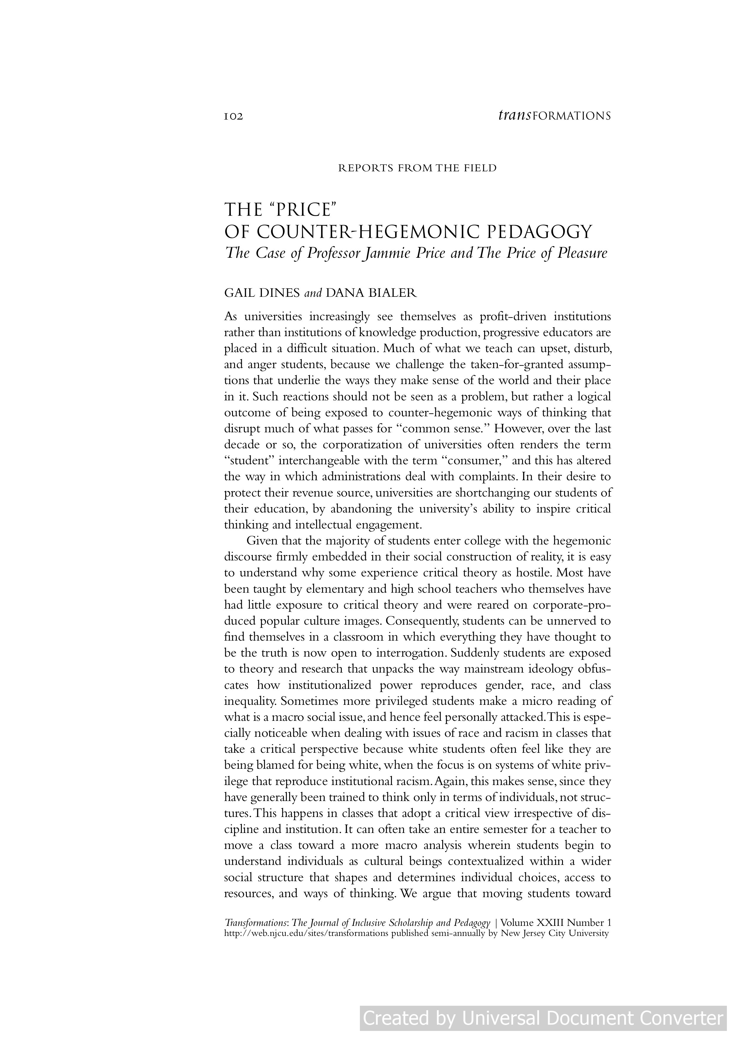 The “Price” of Counter-Hegemonic Pedagogy: The Case of Professor Jammie Price and The Price of Pleasure