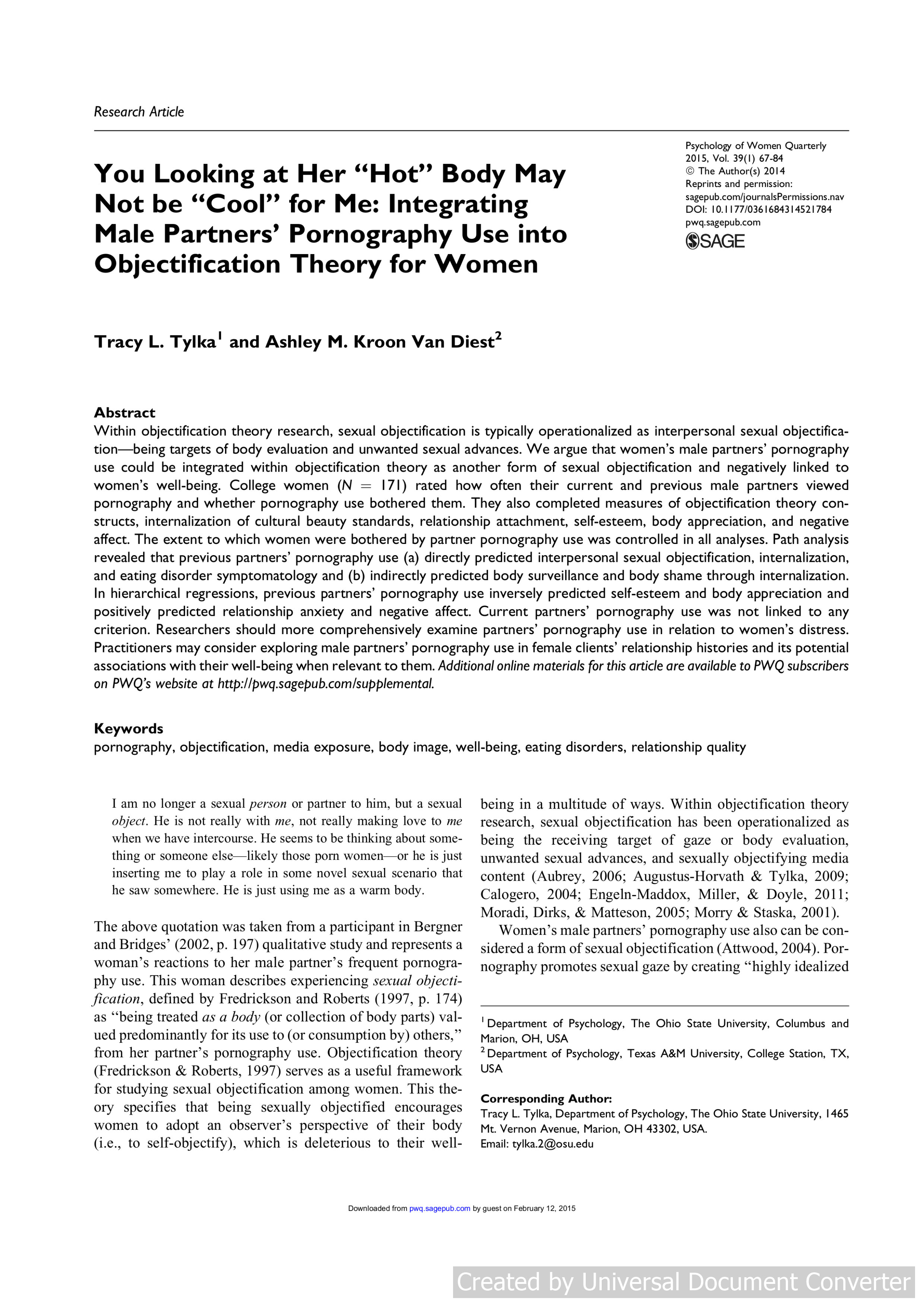 You Looking at Her “Hot” Body May Not be “Cool” for Me: Integrating Male Partners’ Pornography Use into Objectification Theory for Women