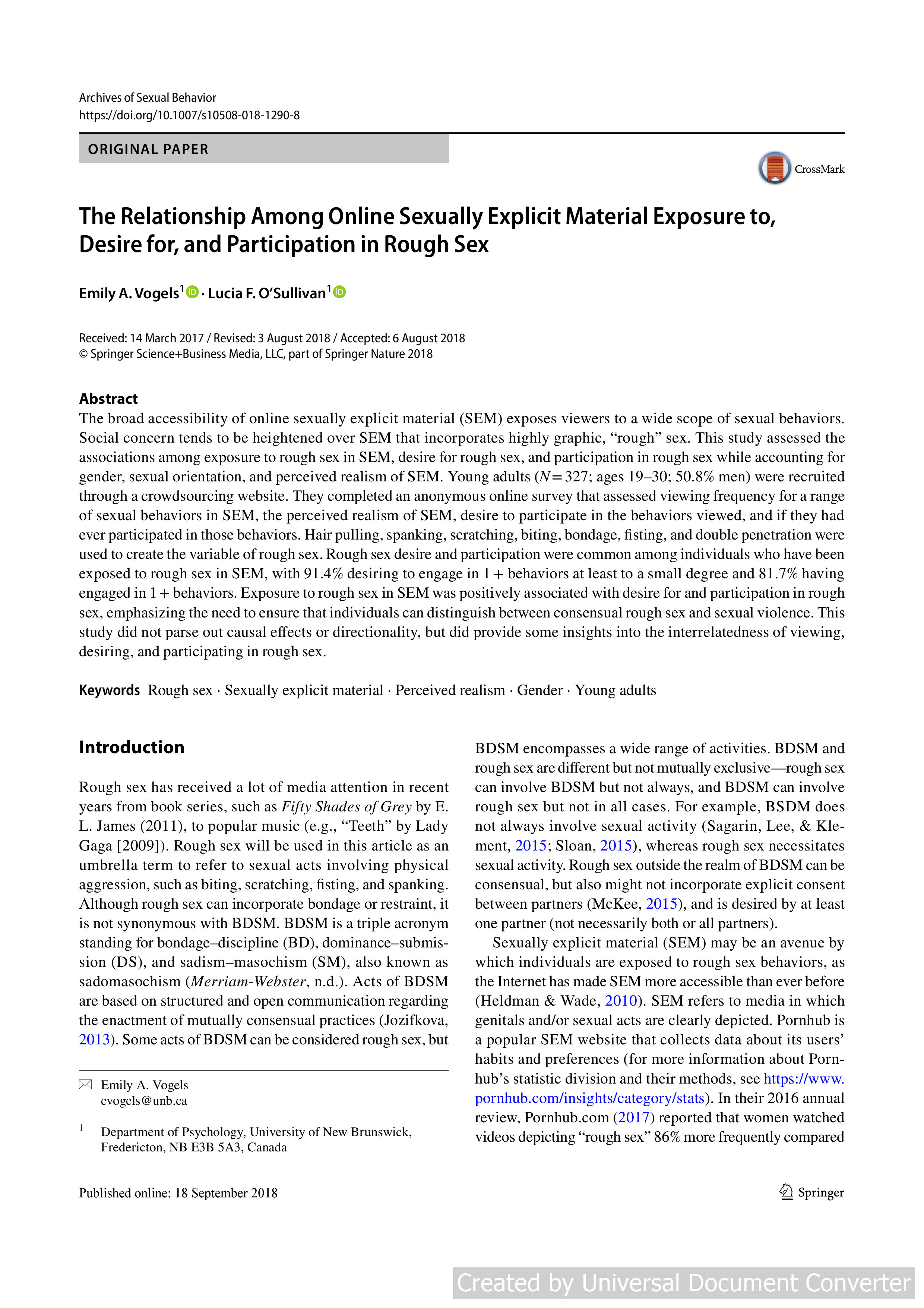 The Relationship Among Online Sexually Explicit Material Exposure to, Desire for, and Participation in Rough Sex
