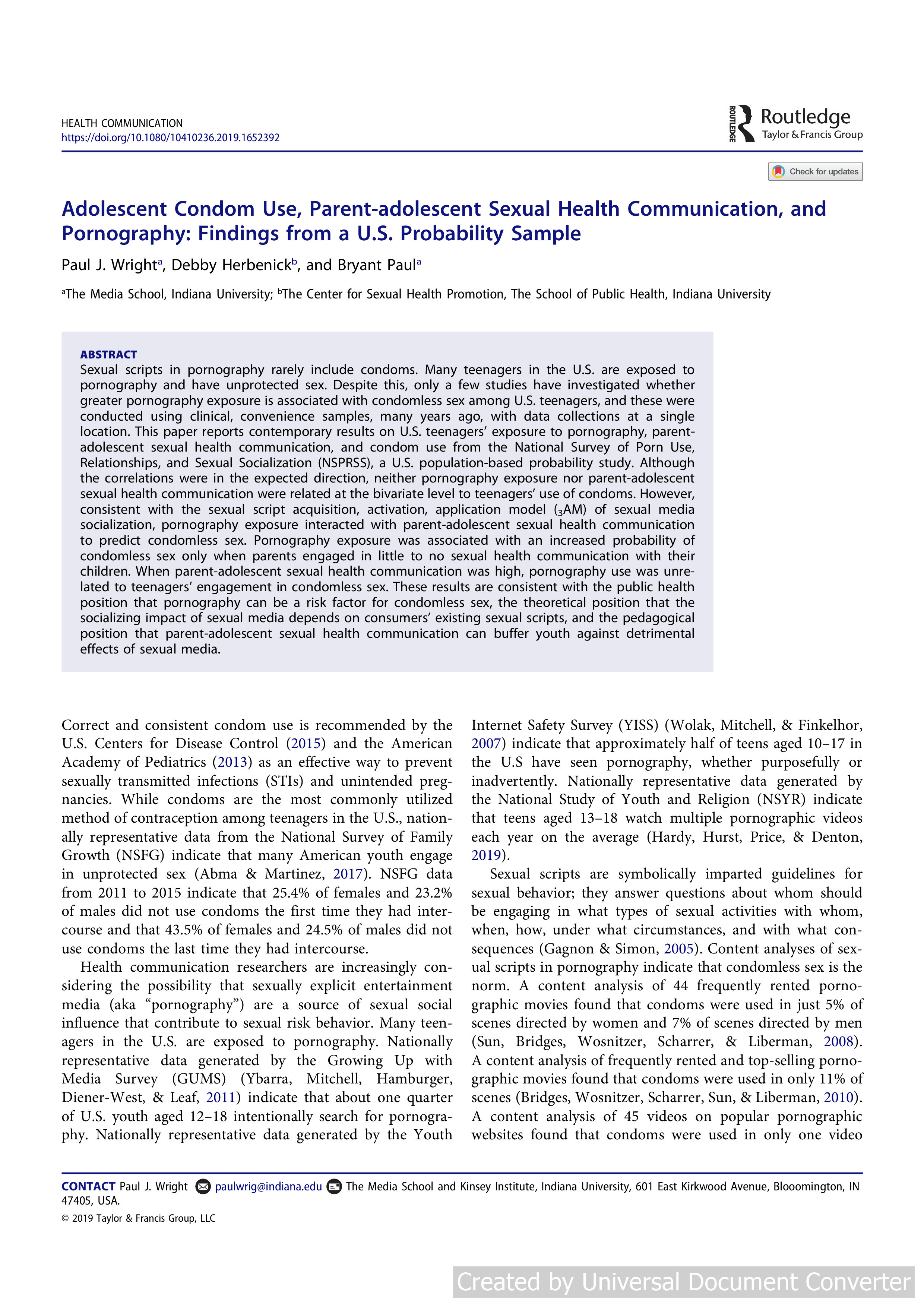 Adolescent Condom Use, Parent-adolescent Sexual Health Communication, and Pornography: Findings from a U.S. Probability Sample