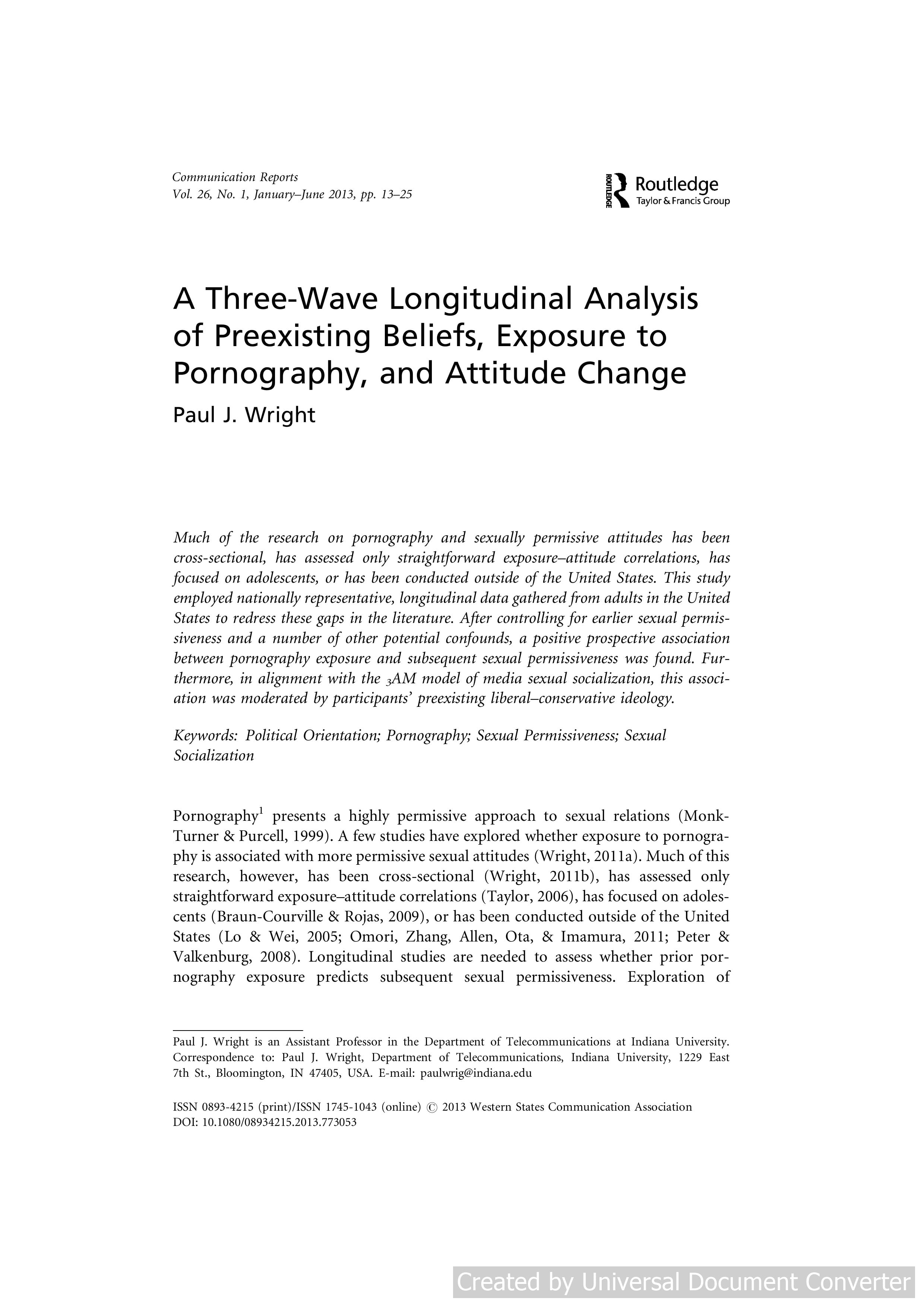 A Three-Wave Longitudinal Analysis of Preexisting Beliefs, Exposure to Pornography, and Attitude Change
