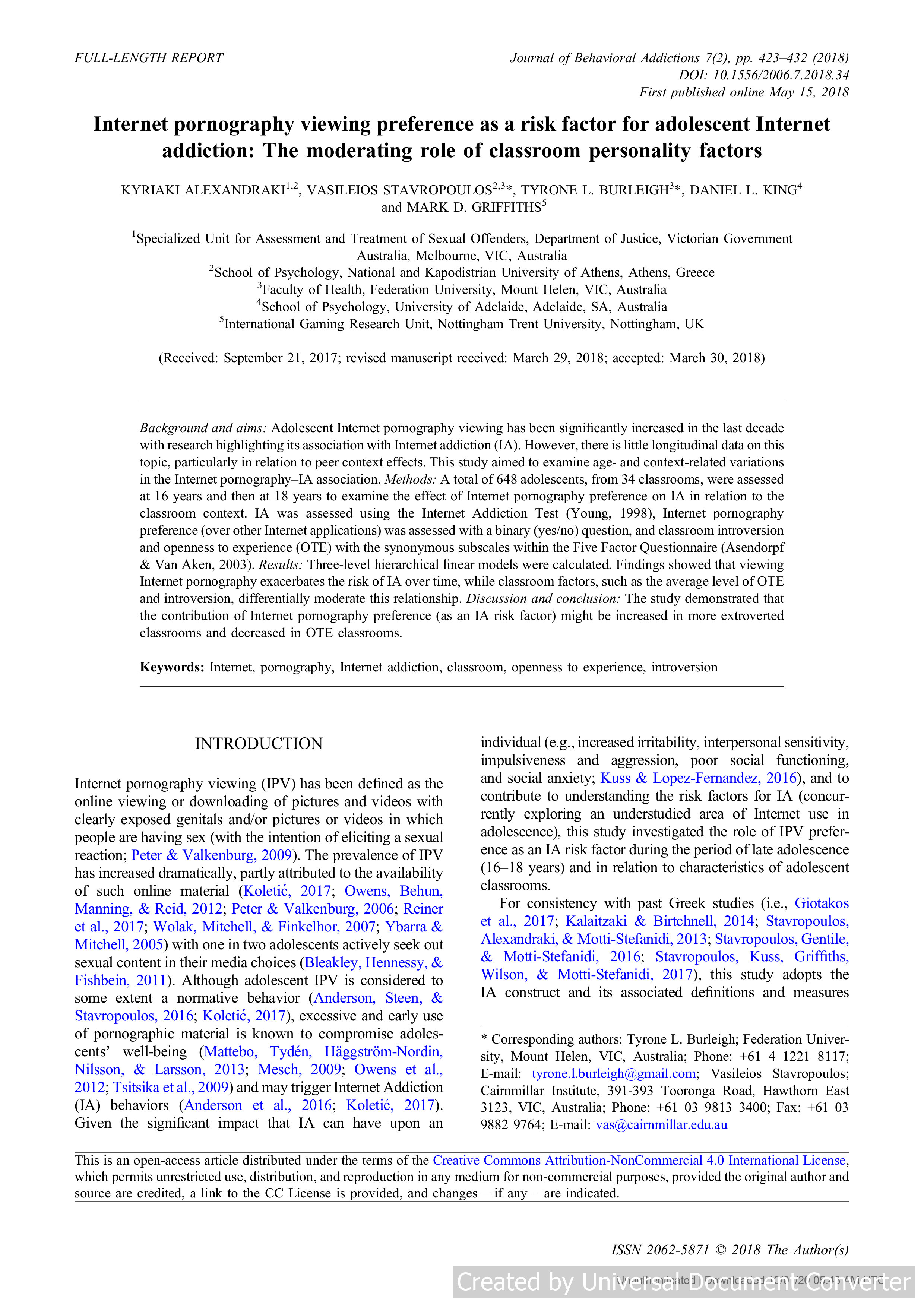 Internet pornography viewing preference as a risk factor for adolescent Internet addiction: The moderating role of classroom personality factors