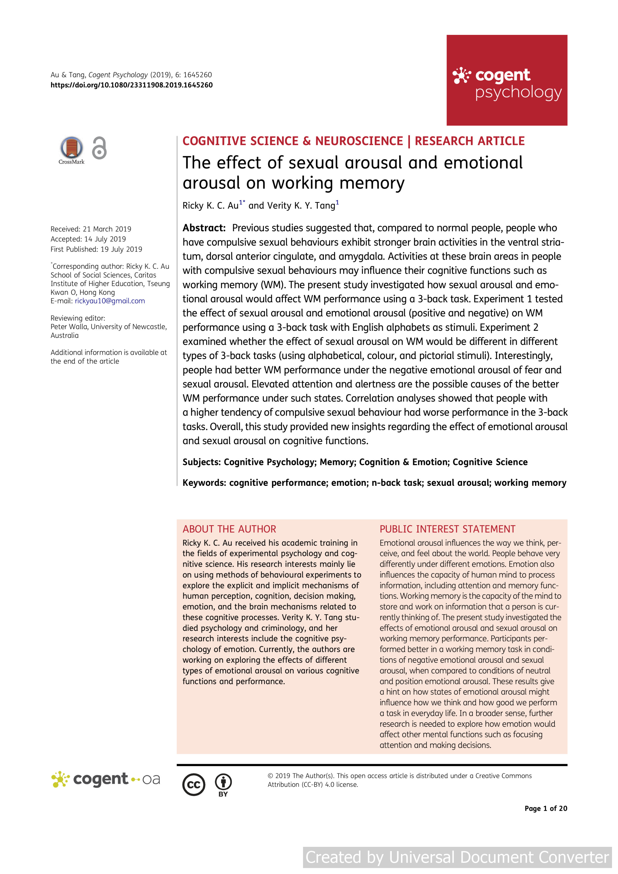 The effect of sexual arousal and emotional arousal on working memory