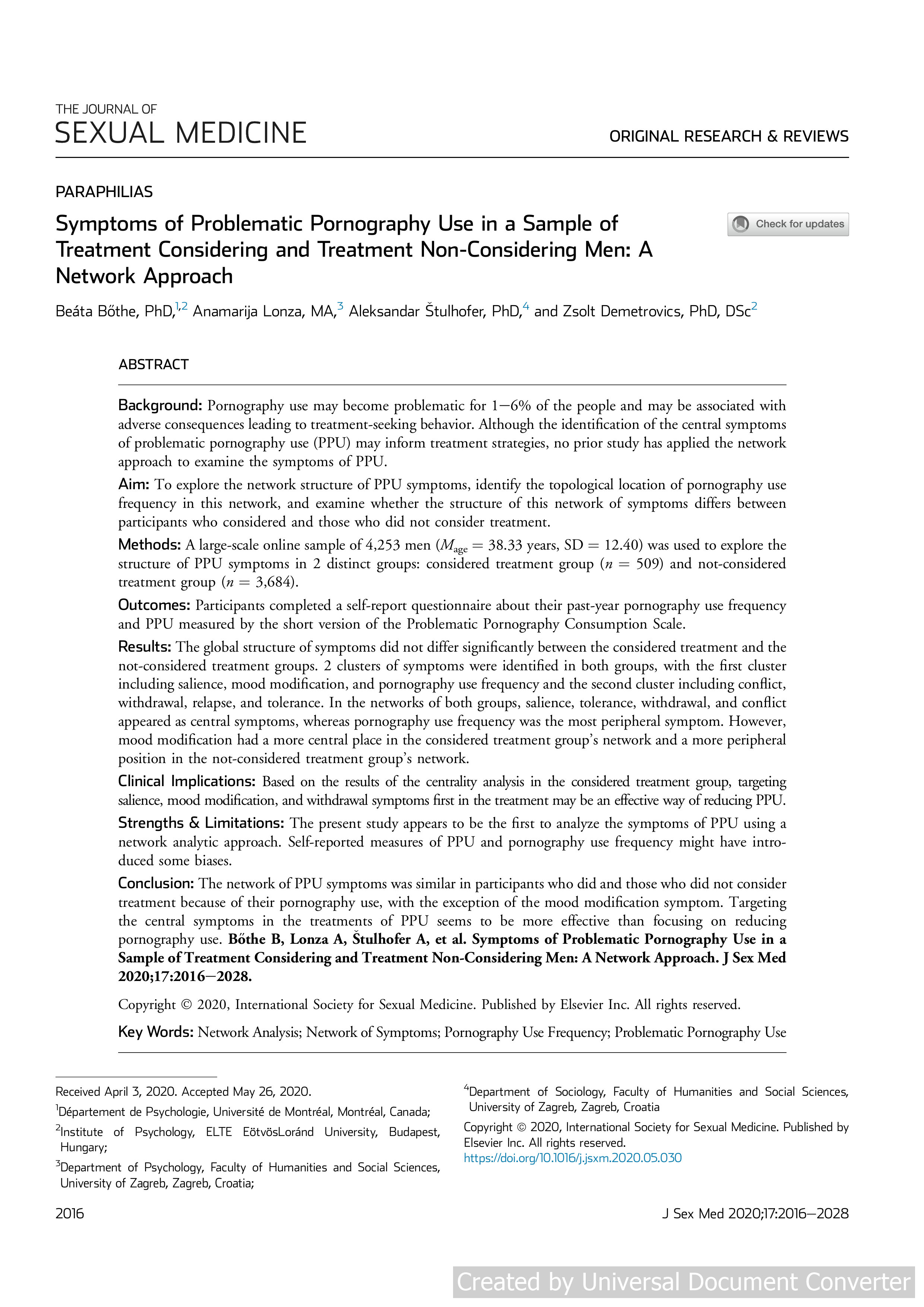 Symptoms of Problematic Pornography Use in a Sample of Treatment Considering and Treatment Non-Considering Men: A Network Approach