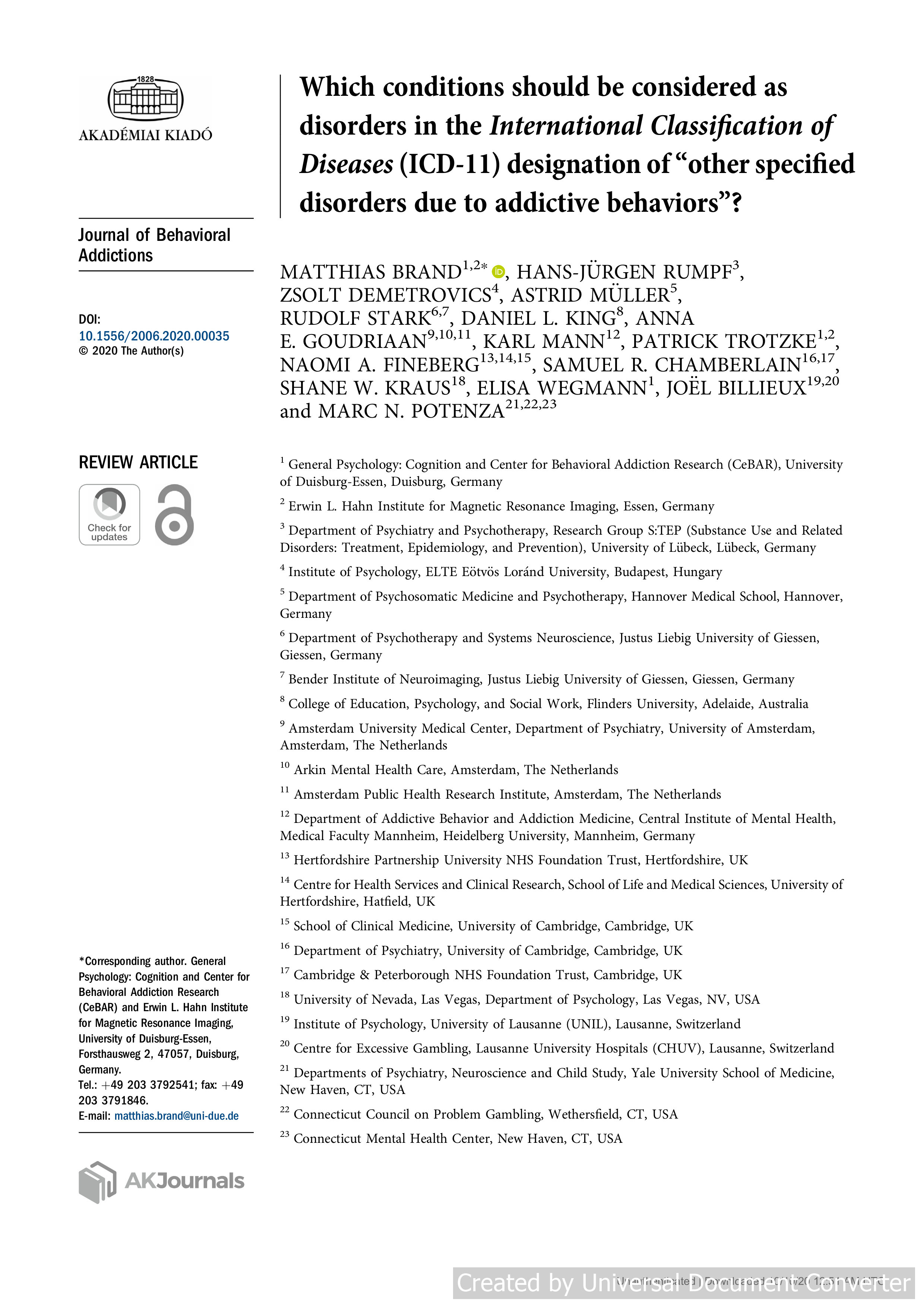 Which conditions should be considered as disorders in the International Classification of Diseases (ICD-11) designation of “other specified disorders due to addictive behaviors”?