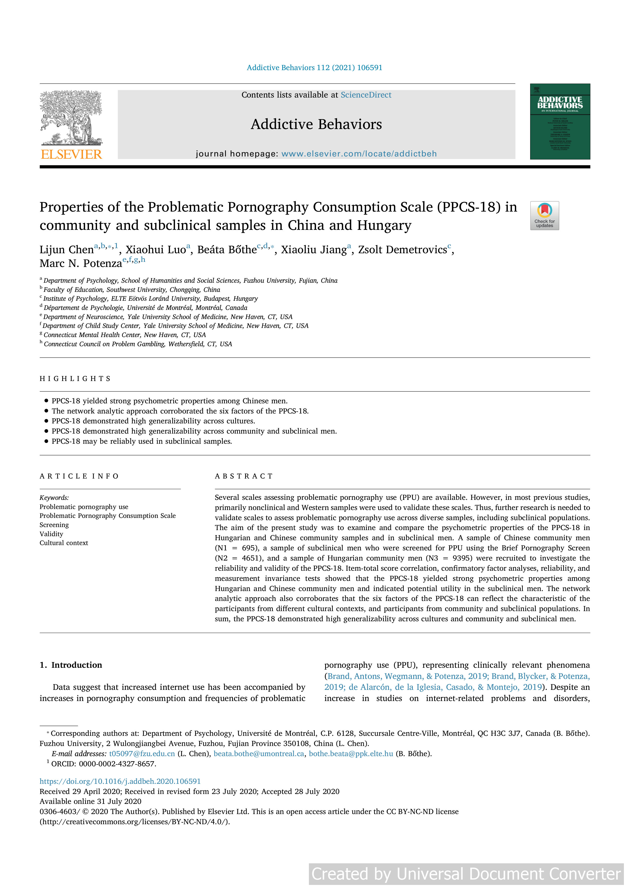 Properties of the Problematic Pornography Consumption Scale (PPCS-18) in community and subclinical samples in China and Hungary