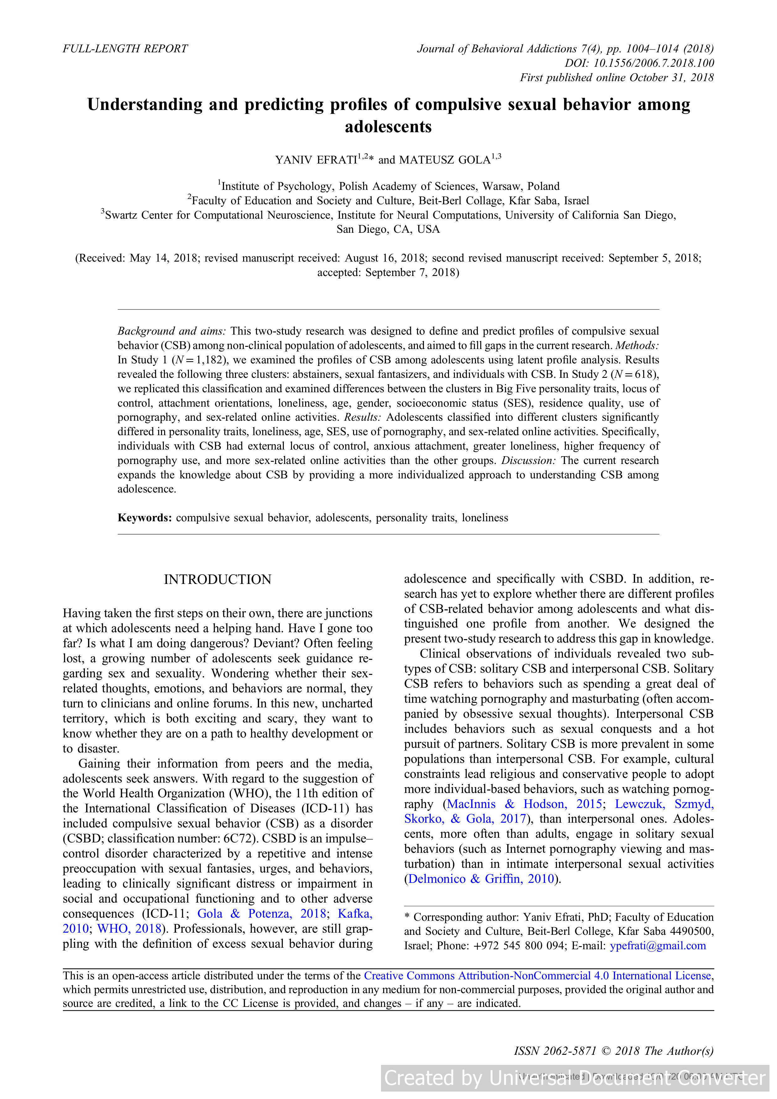 Understanding and predicting profiles of compulsive sexual behavior among adolescents