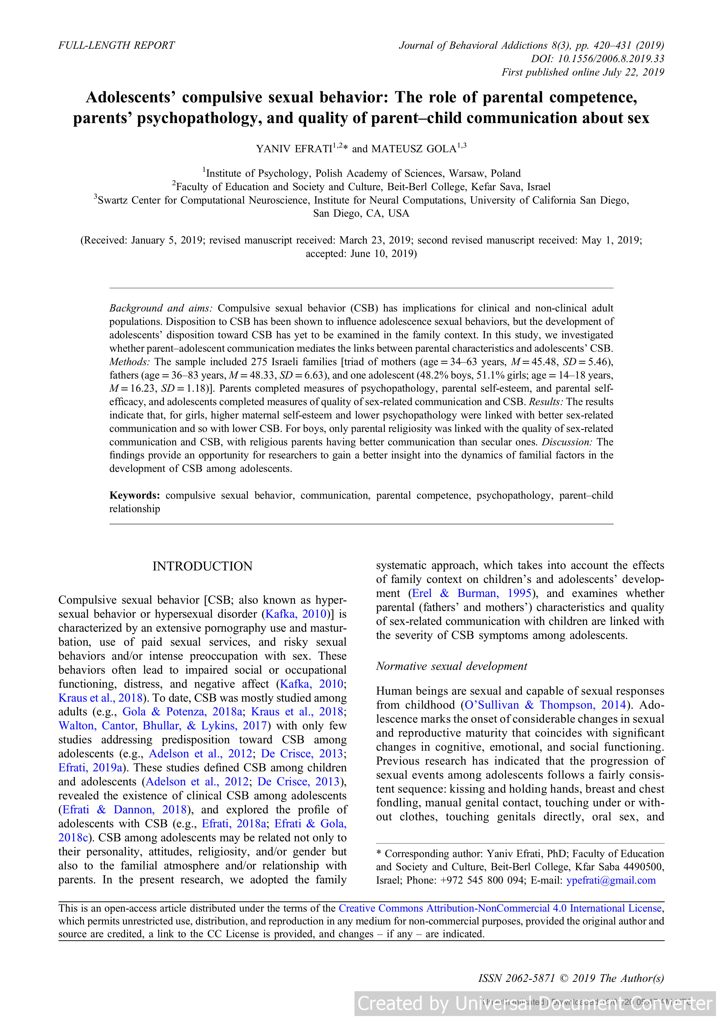 Adolescents’ compulsive sexual behavior: The role of parental competence, parents’ psychopathology, and quality of parent–child communication about sex