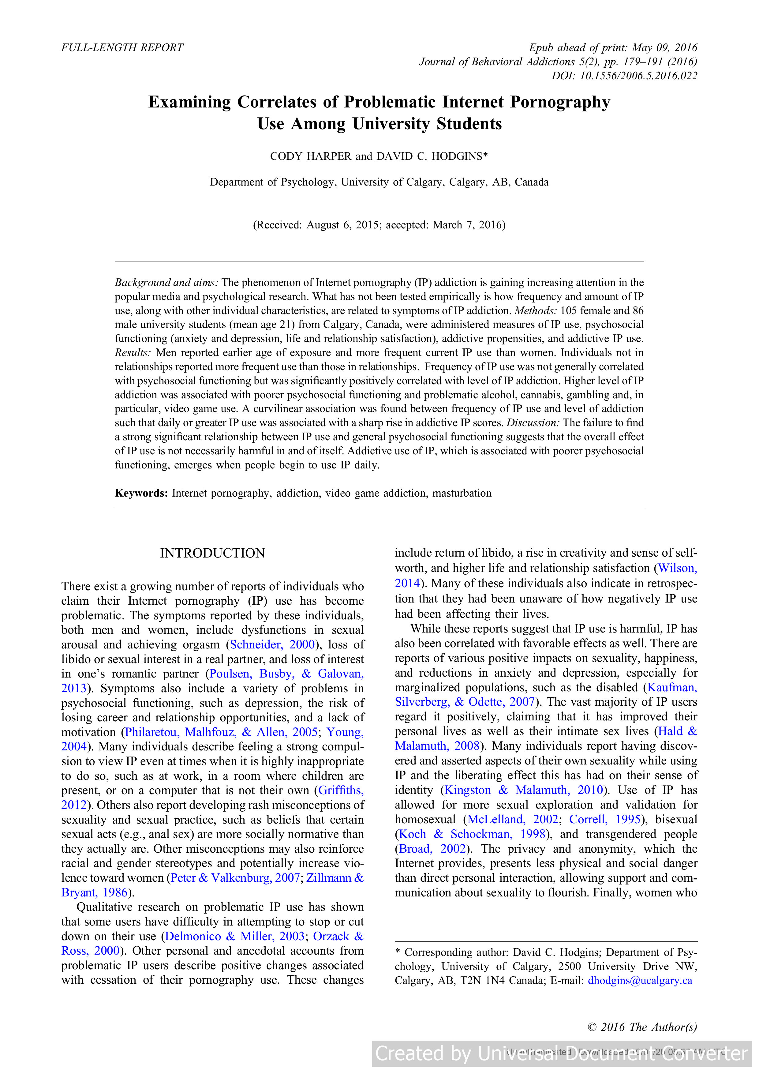 Examining Correlates of Problematic Internet Pornography Use Among University Students
