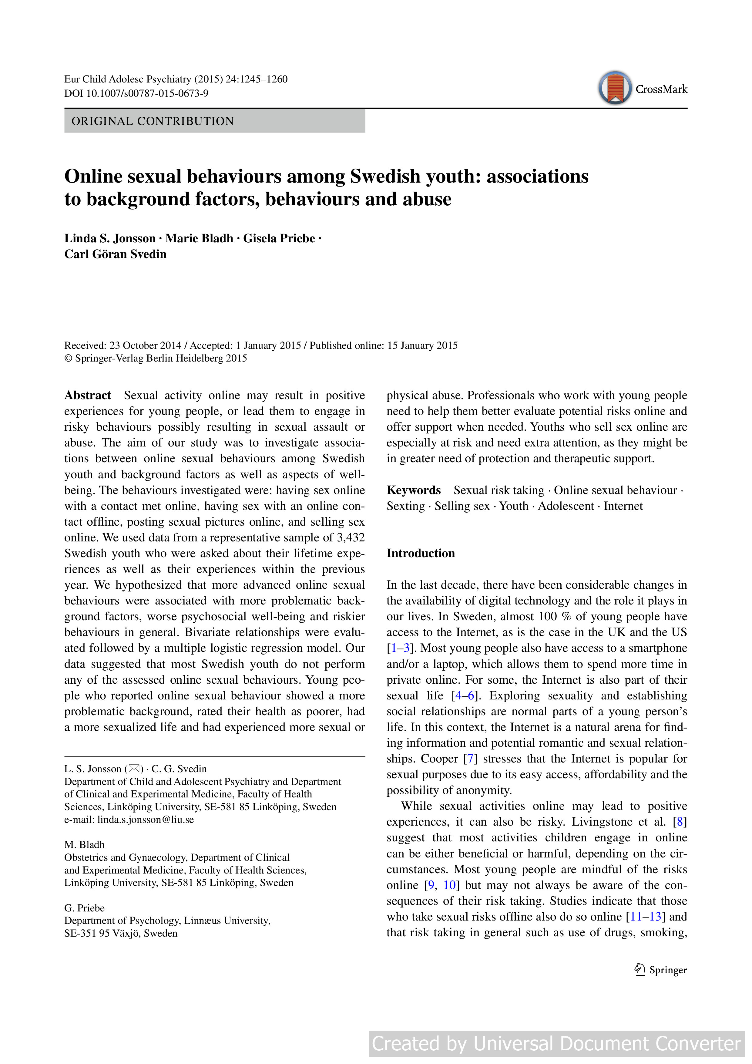Online sexual behaviours among Swedish youth: associations to background factors, behaviours and abuse