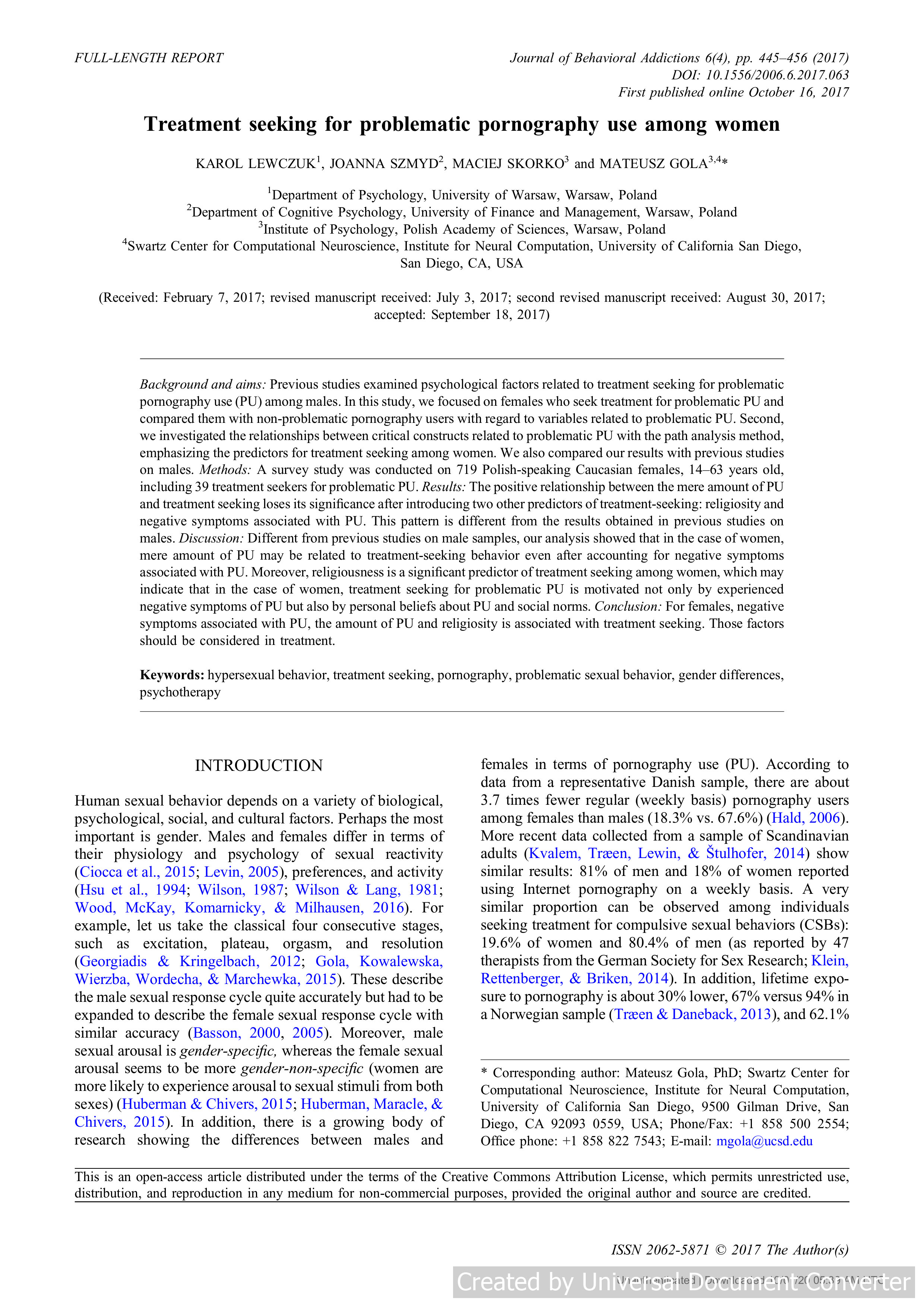 Treatment seeking for problematic pornography use among women