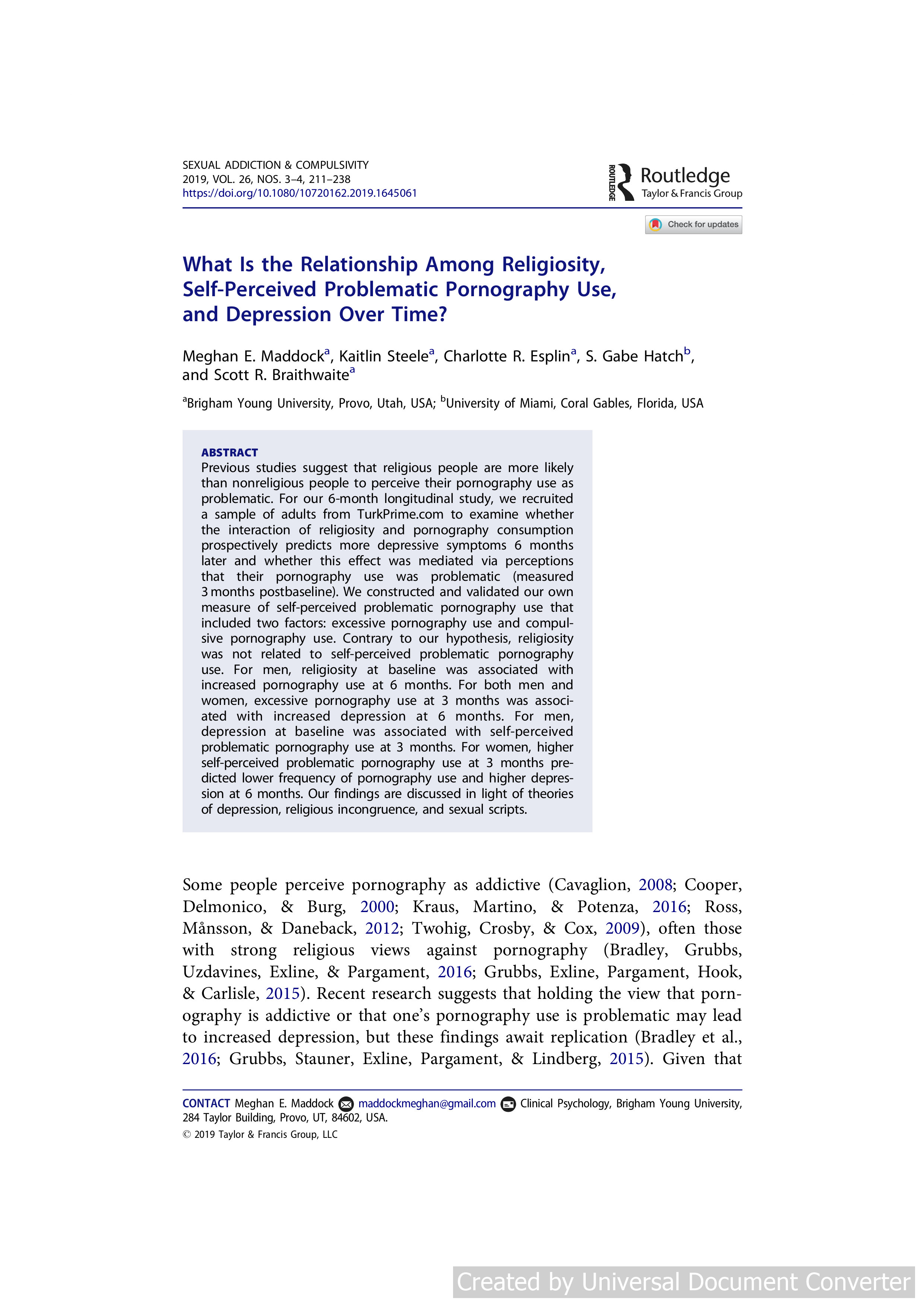 What Is the Relationship Among Religiosity, Self-Perceived Problematic Pornography Use, and Depression Over Time?