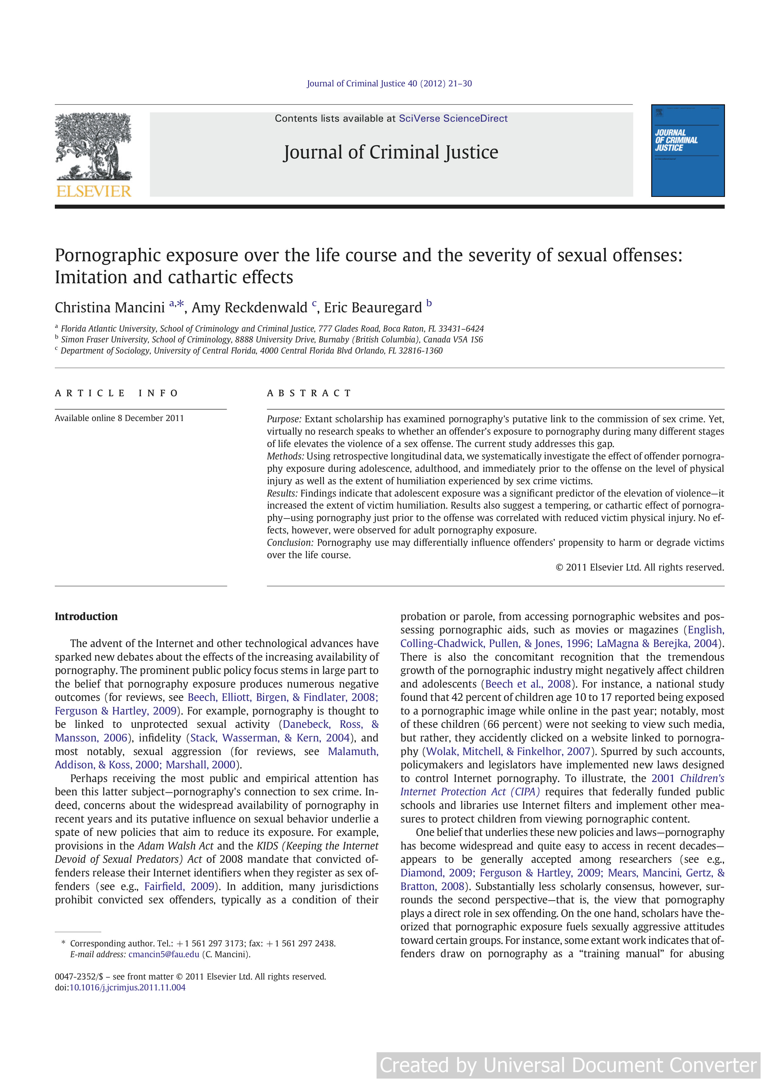 Pornographic exposure over the life course and the severity of sexual offenses: Imitation and cathartic effects