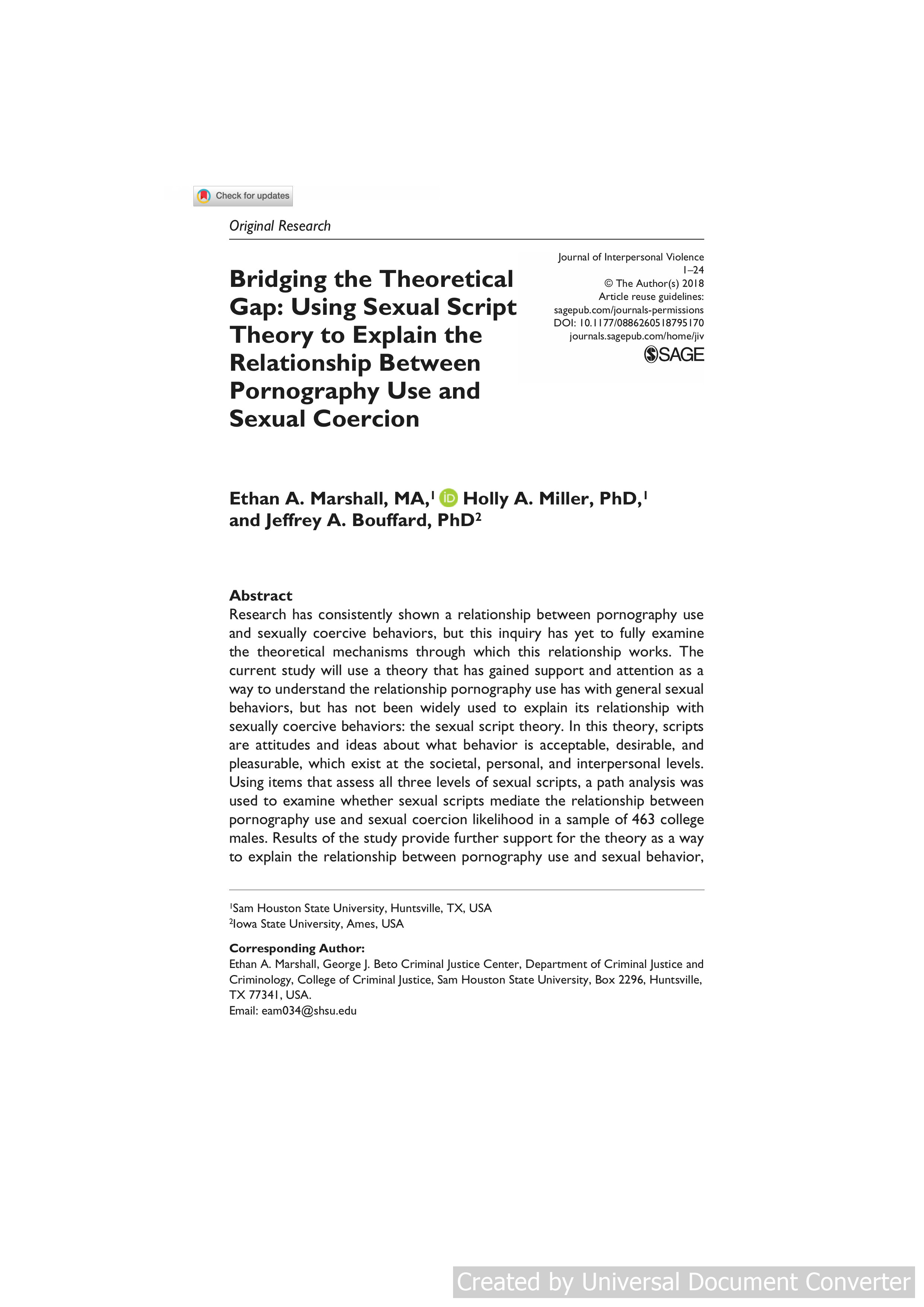 Bridging the Theoretical Gap: Using Sexual Script Theory to Explain the Relationship Between Pornography Use and Sexual Coercion