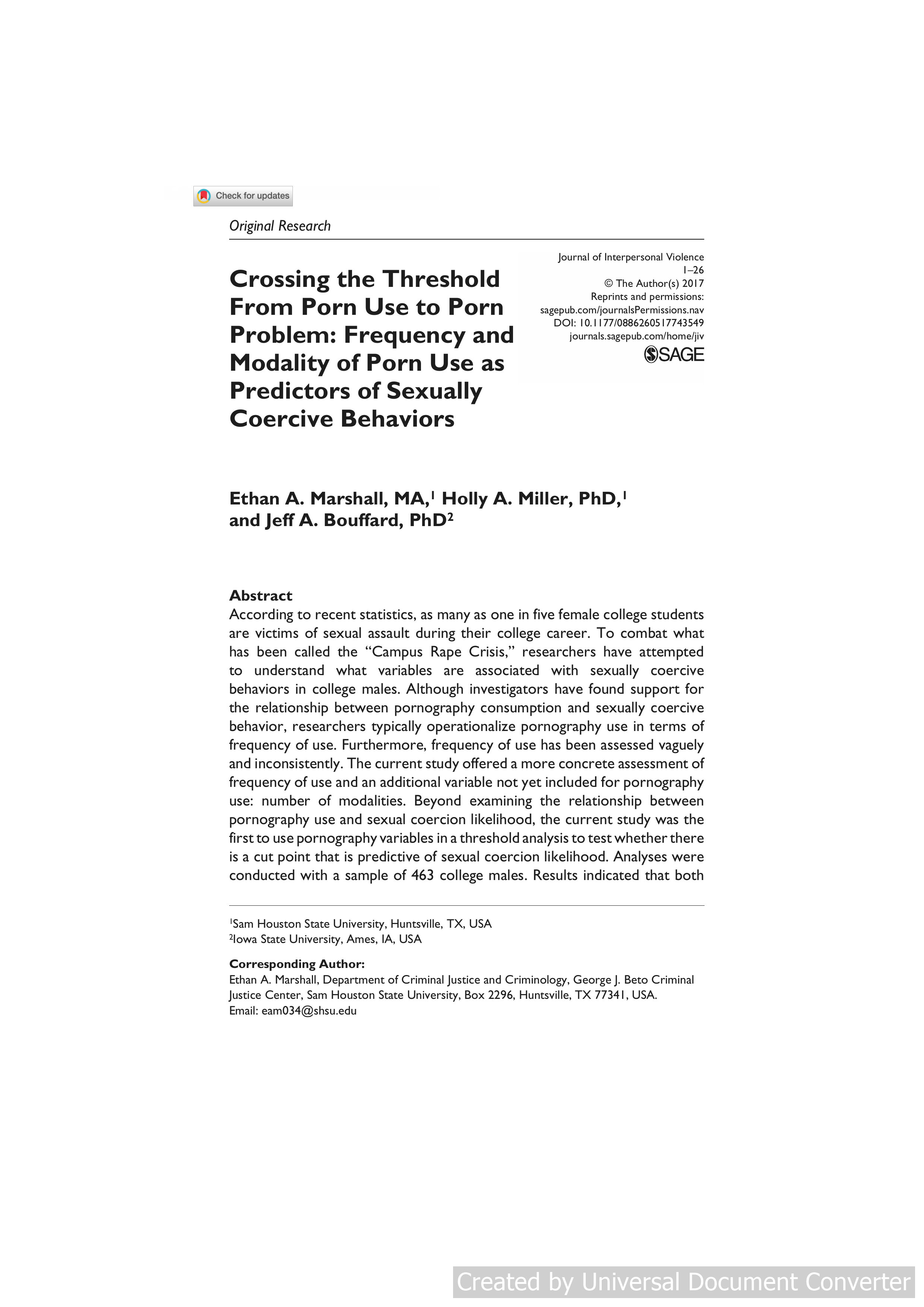 Crossing the Threshold From Porn Use to Porn Problem: Frequency and Modality of Porn Use as Predictors of Sexually Coercive Behaviors