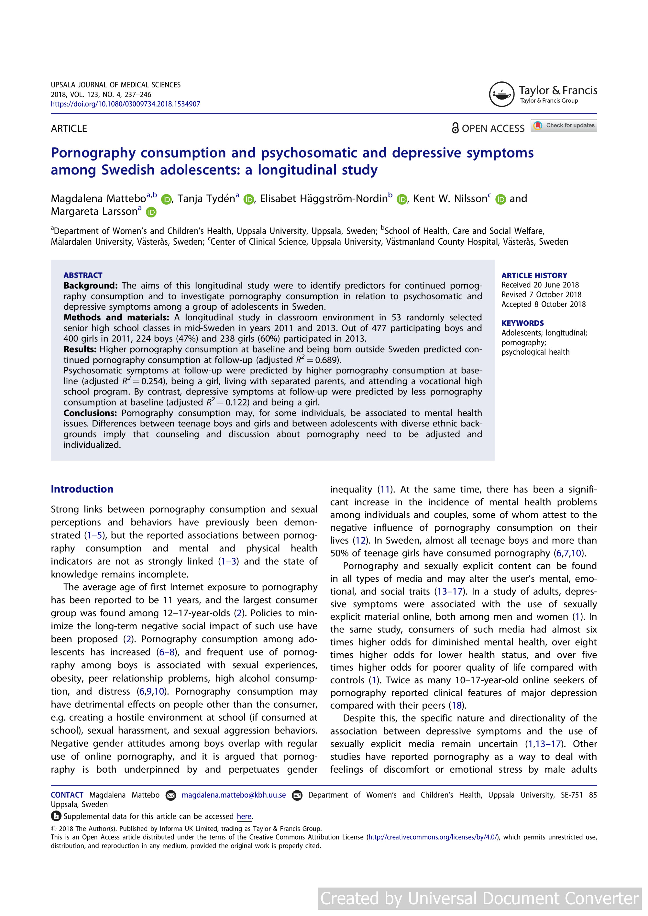 Pornography consumption and psychosomatic and depressive symptoms among Swedish adolescents: a longitudinal study