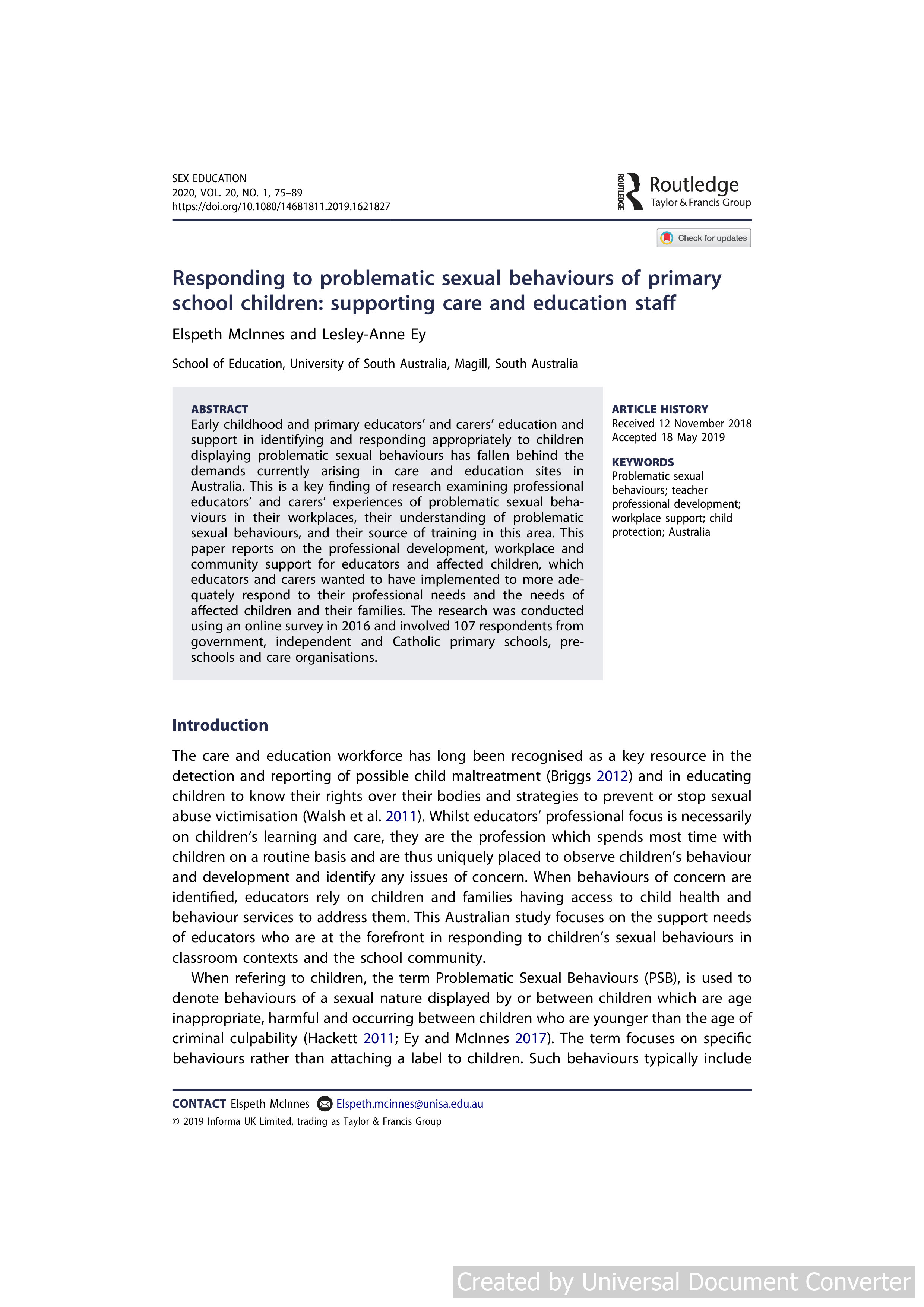 Responding to problematic sexual behaviours of primary school children: supporting care and education staff