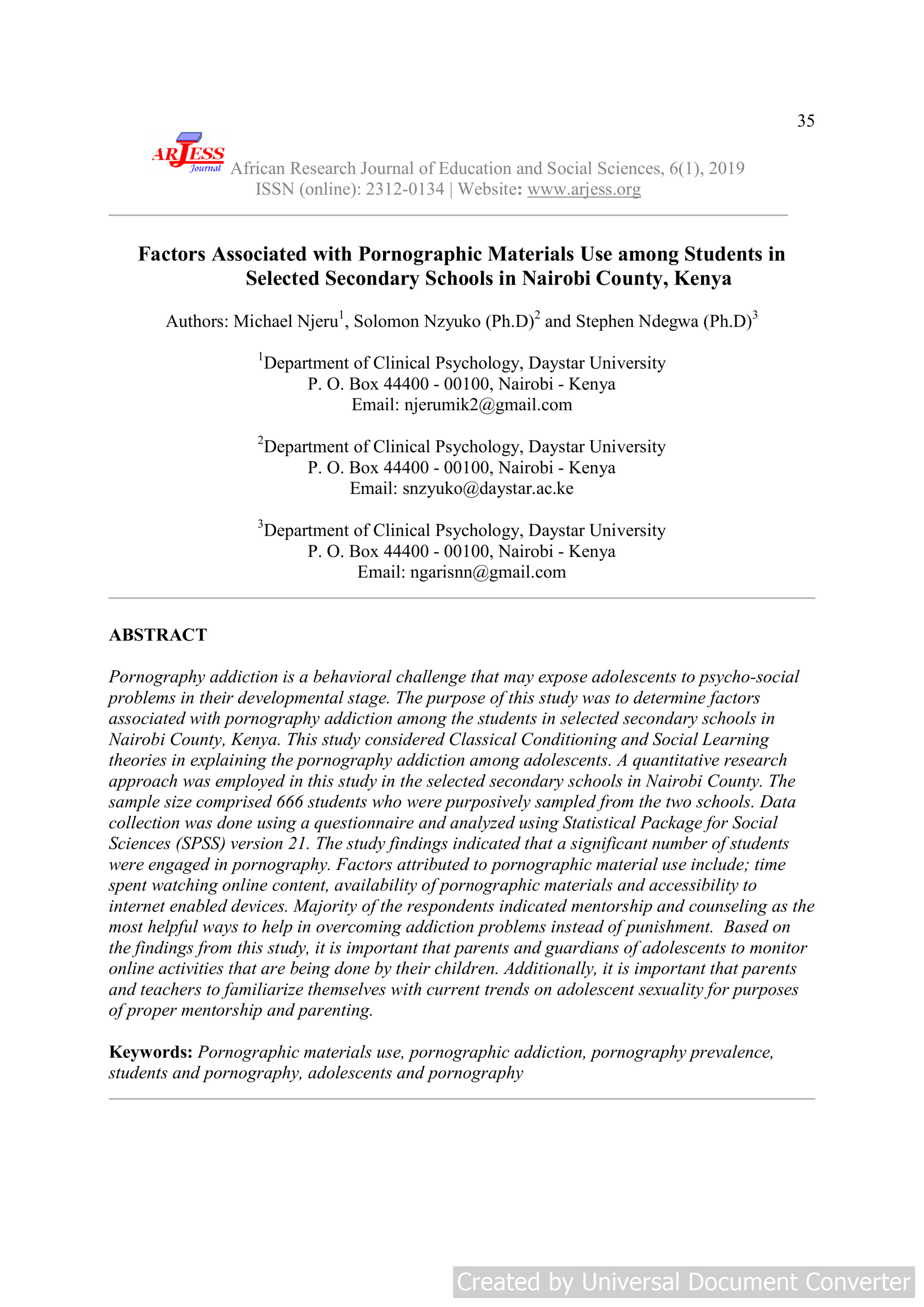 Factors Associated with Pornographic Materials Use among Students in Selected Secondary Schools in Nairobi County, Kenya