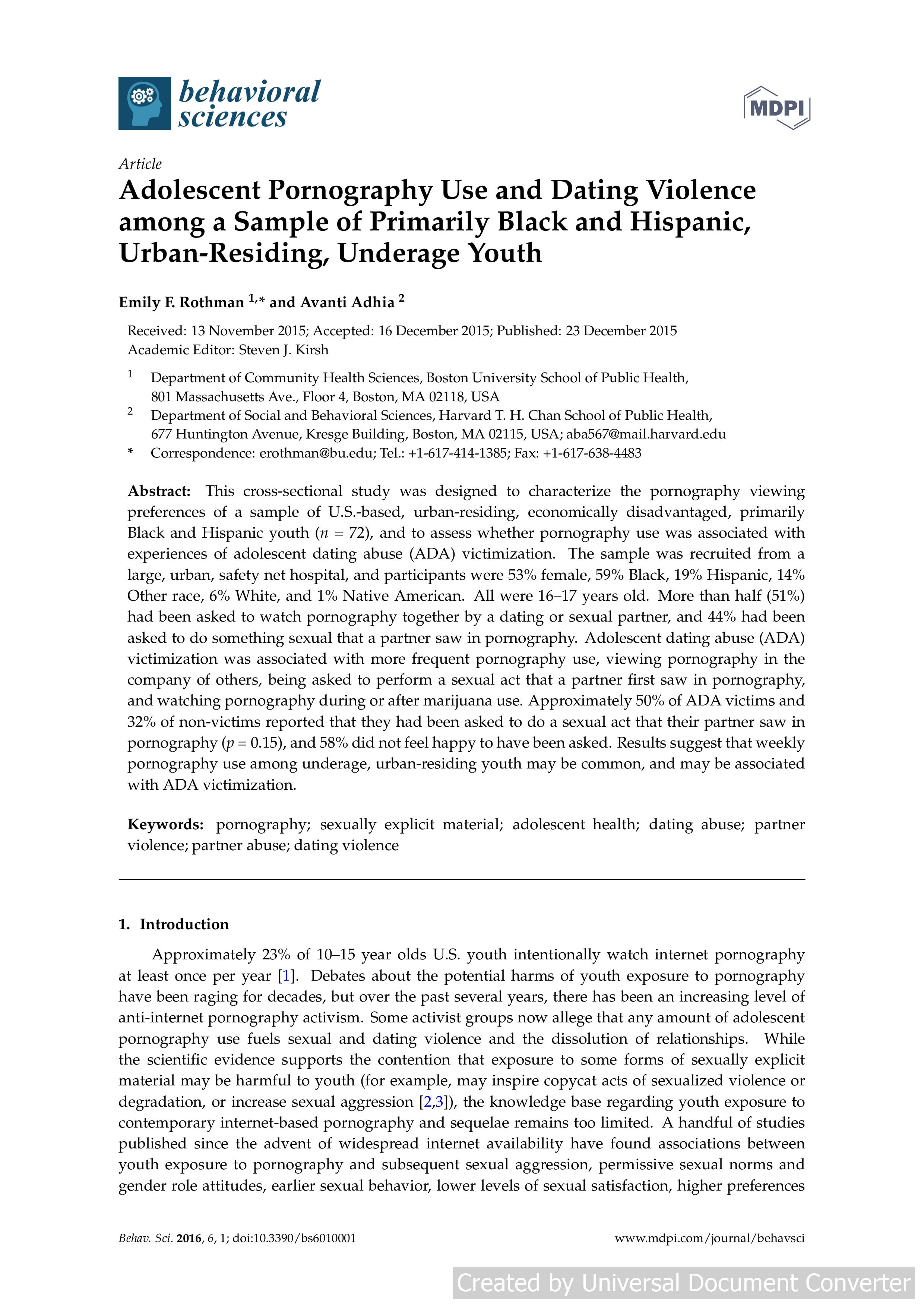 Adolescent Pornography Use and Dating Violence among a Sample of Primarily Black and Hispanic, Urban-Residing, Underage Youth