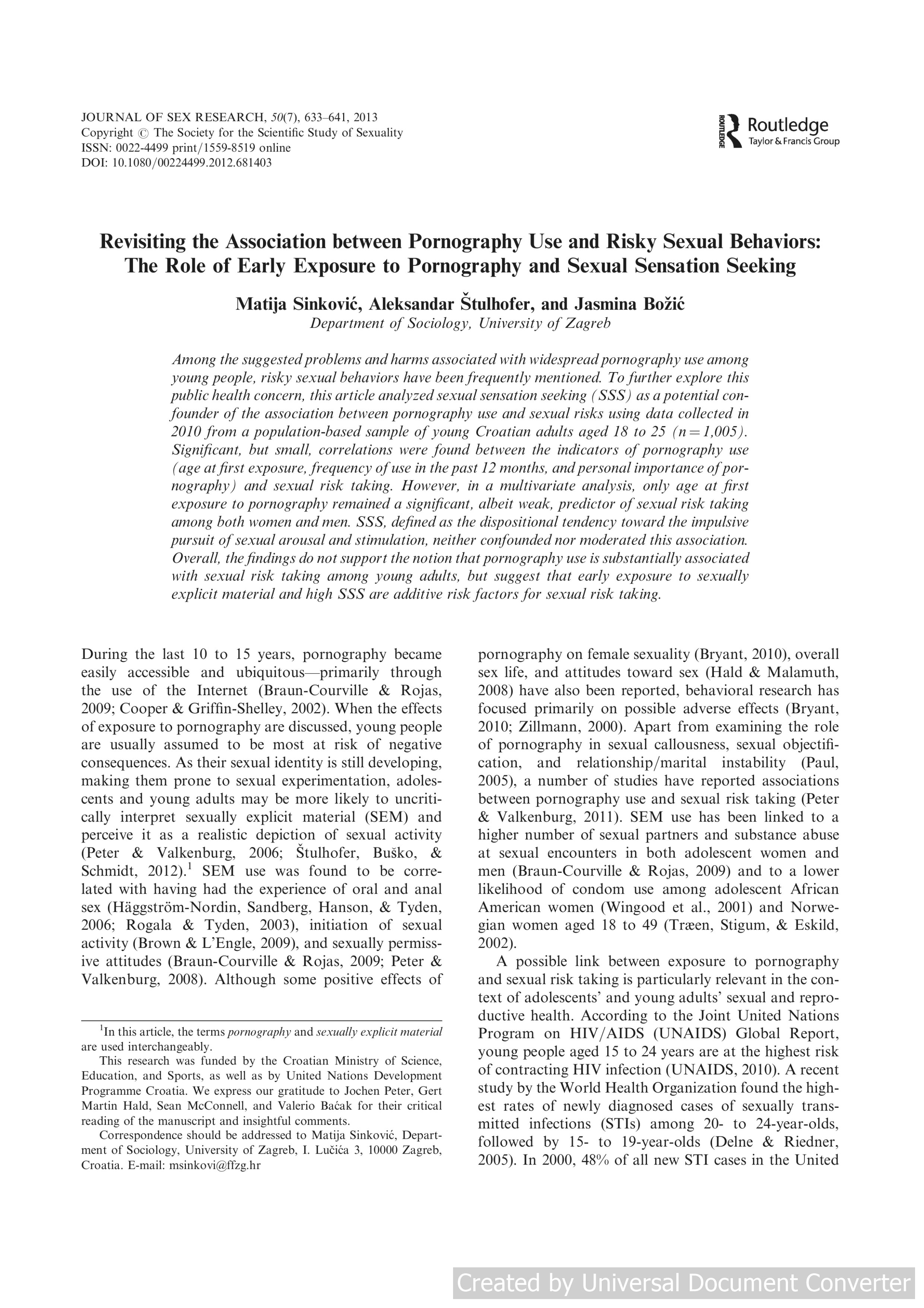Revisiting the Association between Pornography Use and Risky Sexual Behaviors: The Role of Early Exposure to Pornography and Sexual Sensation Seeking