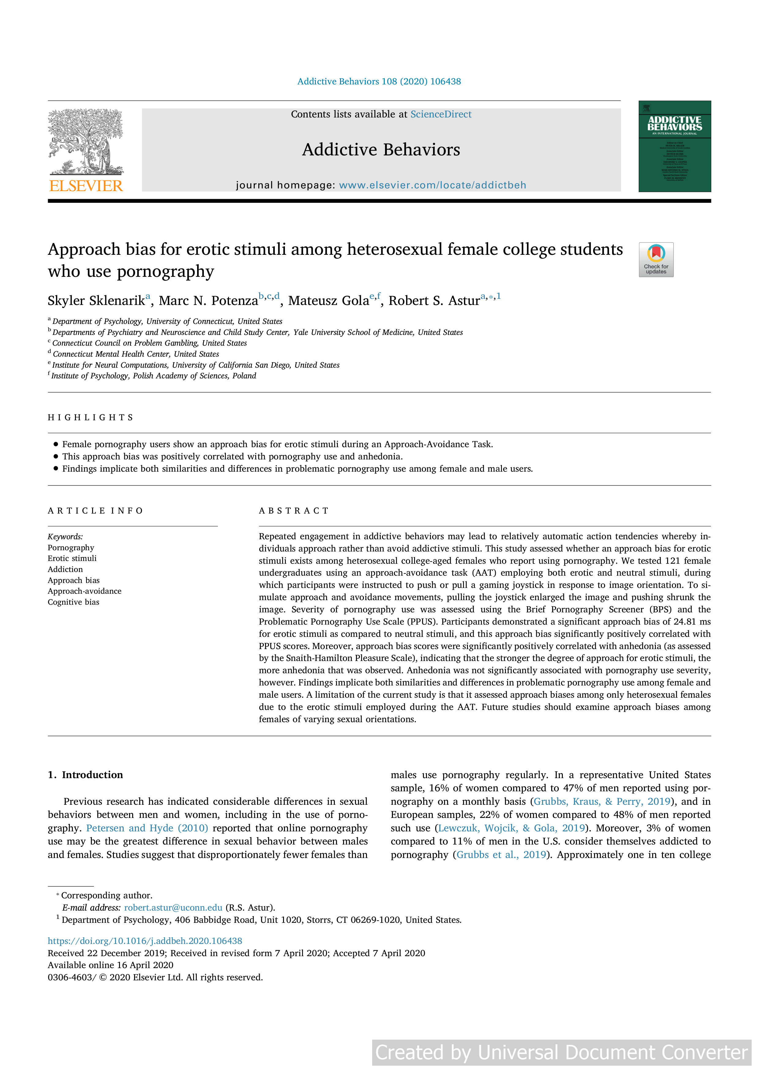 Approach bias for erotic stimuli among heterosexual female college students who use pornography