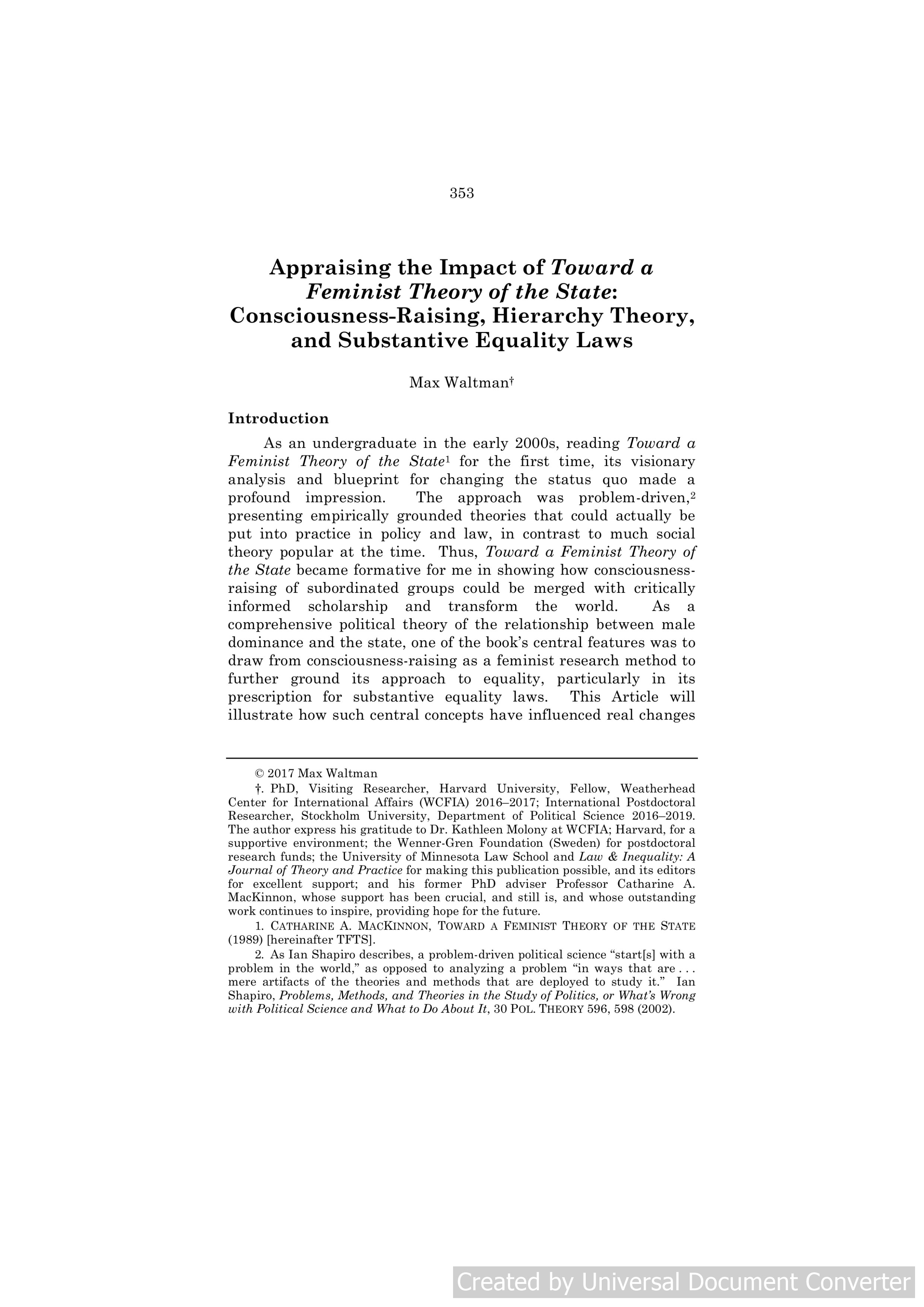 Appraising the Impact of Toward a Feminist Theory of the State: Consciousness-Raising, Hierarchy Theory, and Substantive Equality Laws