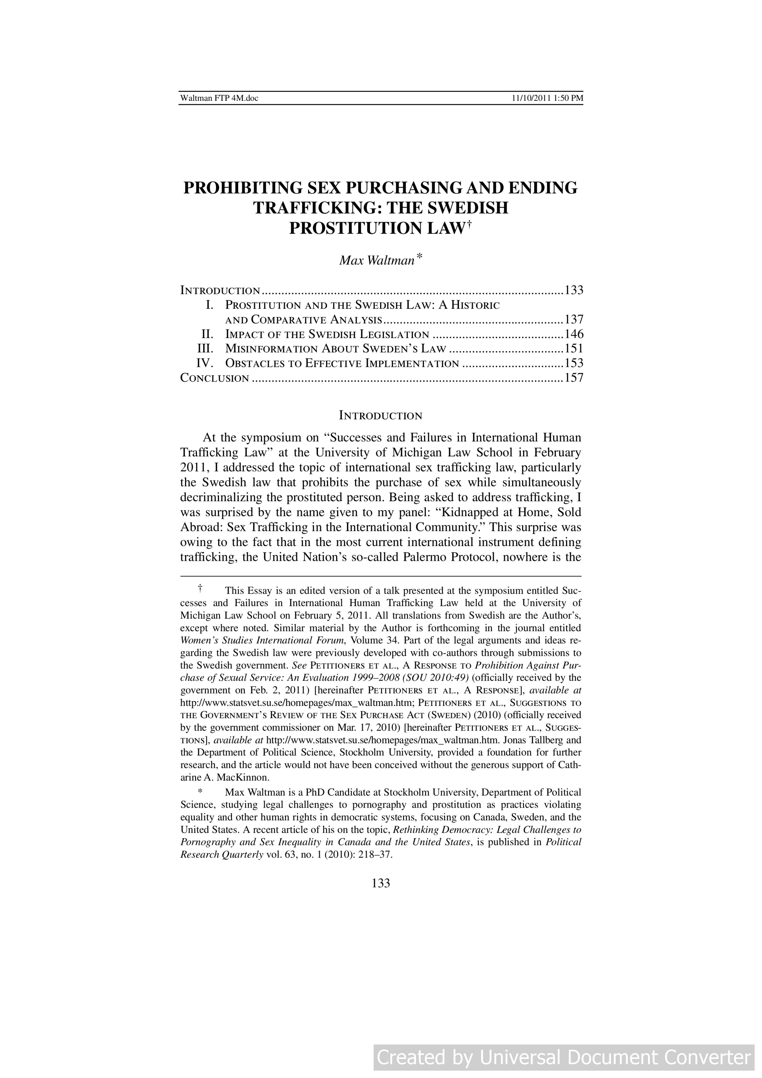 Prohibiting Sex Purchasing and Ending Trafficking: The Swedish Prostitution Law