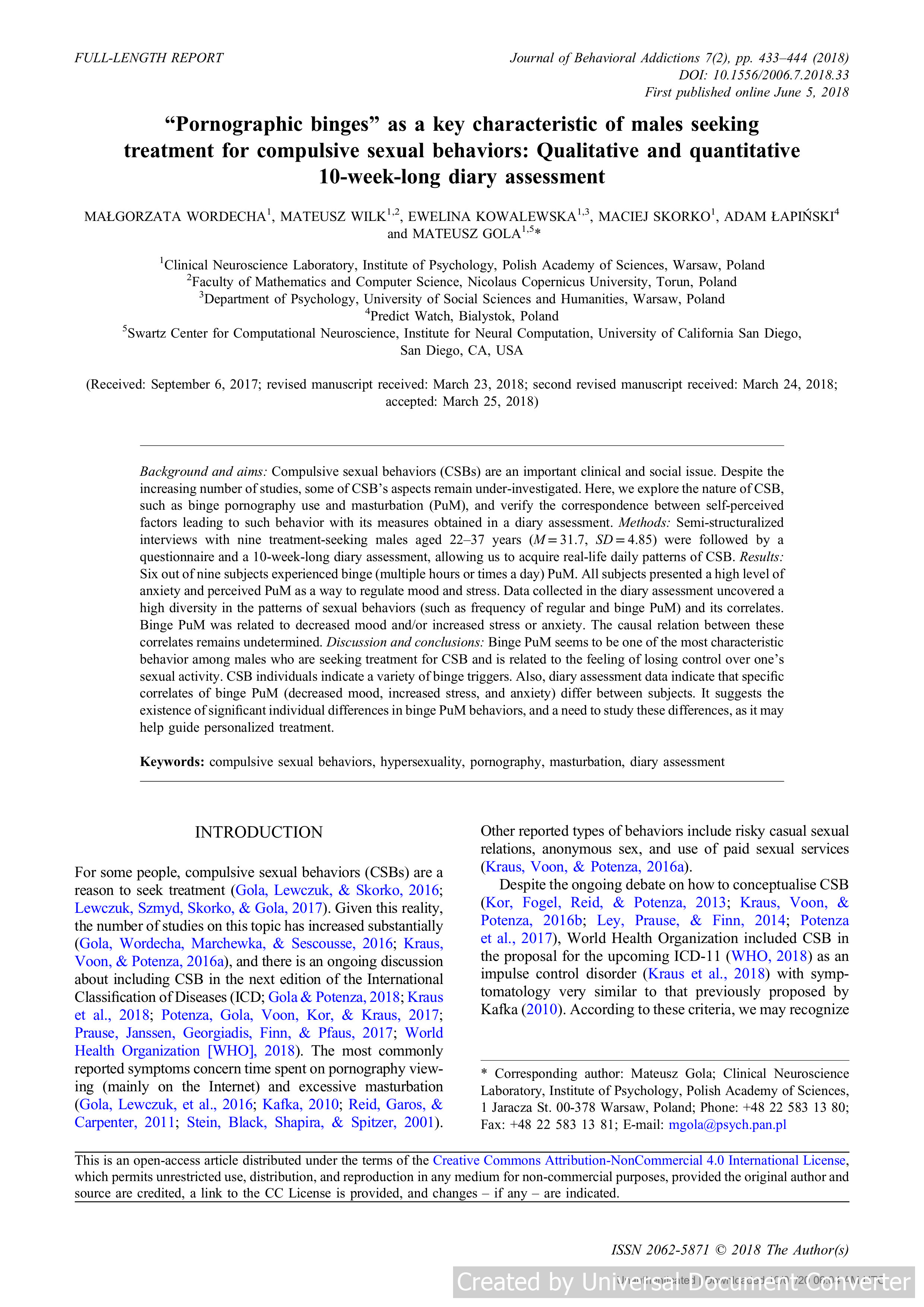 “Pornographic binges” as a key characteristic of males seeking treatment for compulsive sexual behaviors: Qualitative and quantitative 10-week-long diary assessment