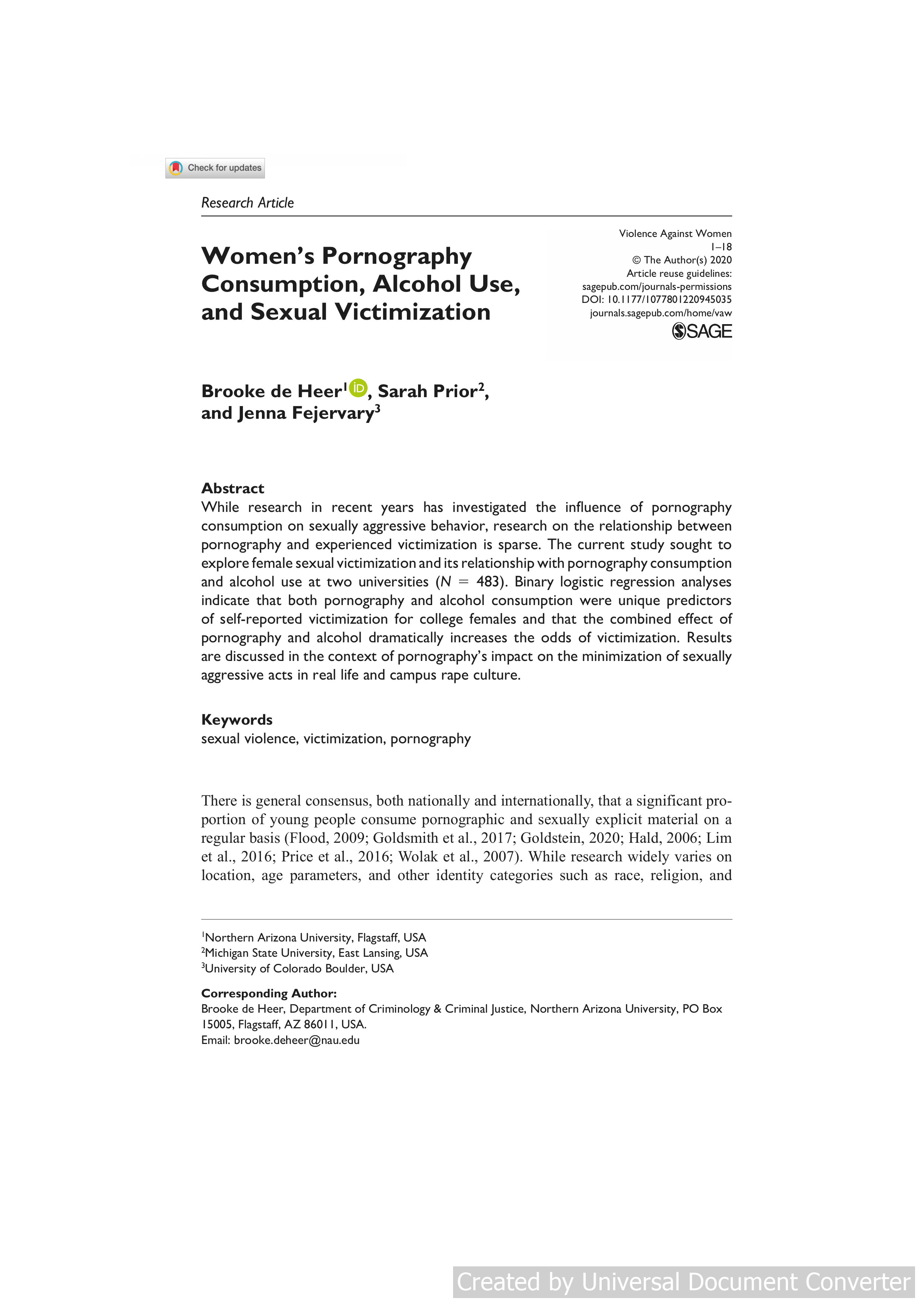Women’s Pornography Consumption, Alcohol Use, and Sexual Victimization