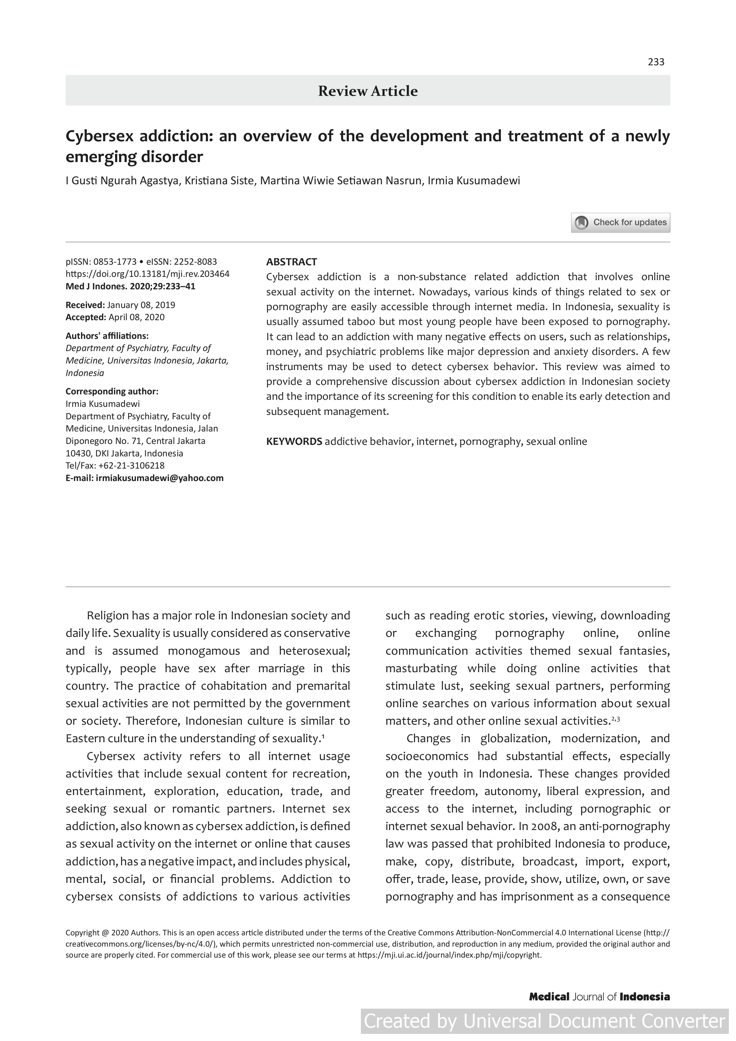 IndonesiaCybersex addiction: an overview of the development and treatment of a newly emerging disorder