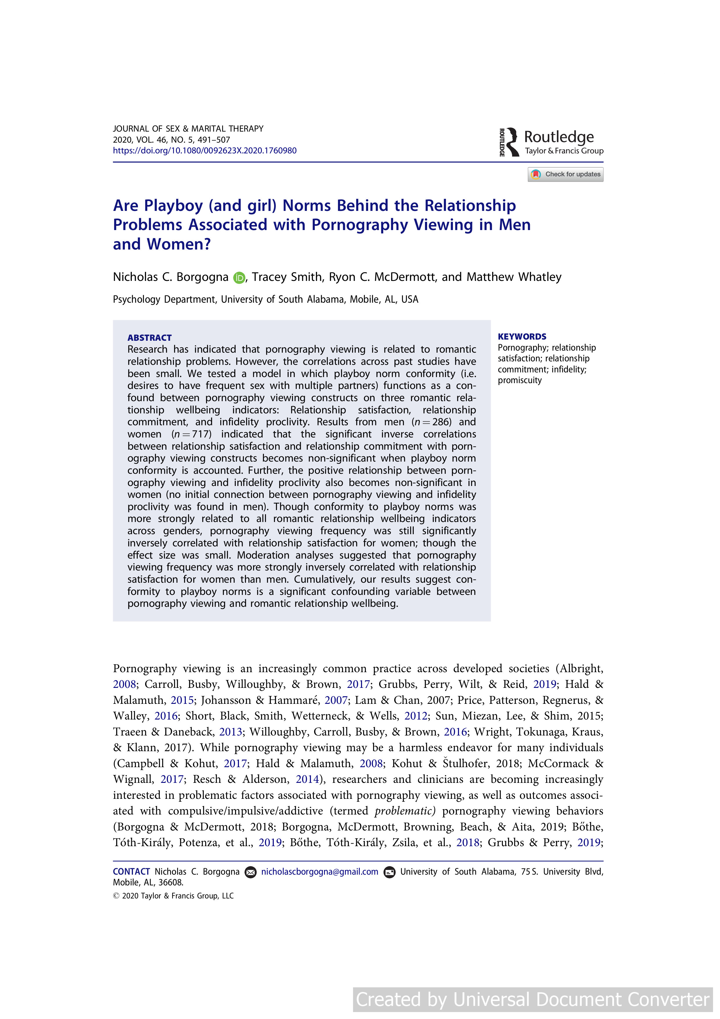 Are Playboy (and girl) Norms Behind the Relationship Problems Associated with Pornography Viewing in Men and Women?