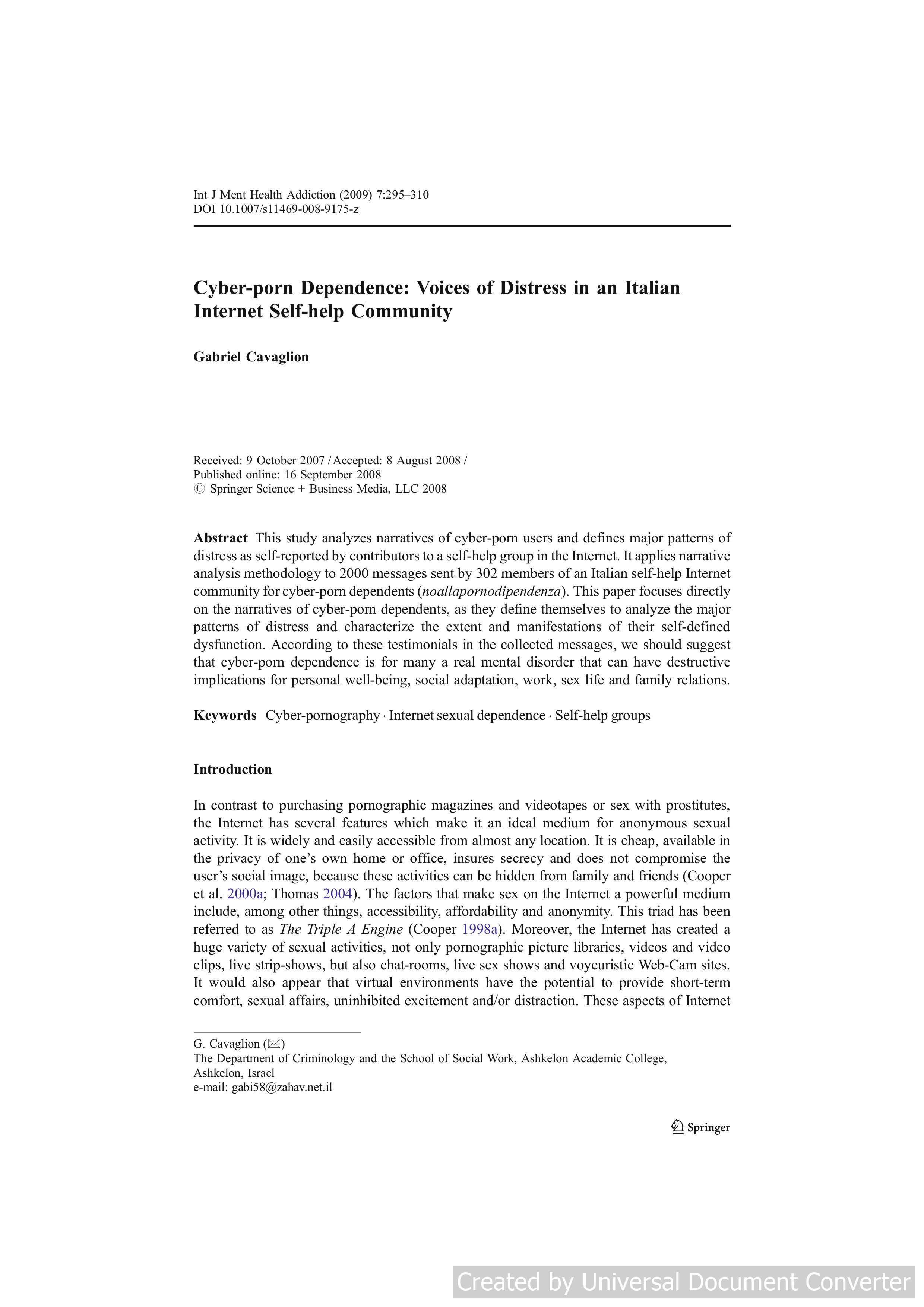 Cyber-porn Dependence: Voices of Distress in an Italian Internet Self-help Community