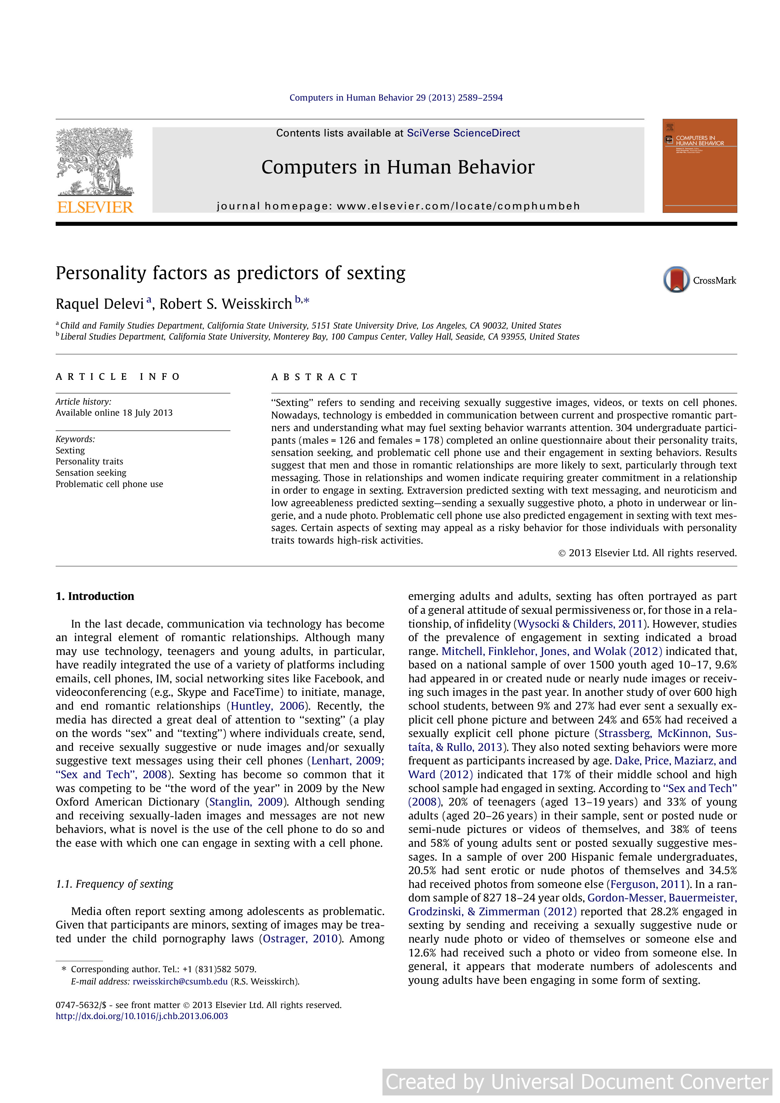 Personality factors as predictors of sexting