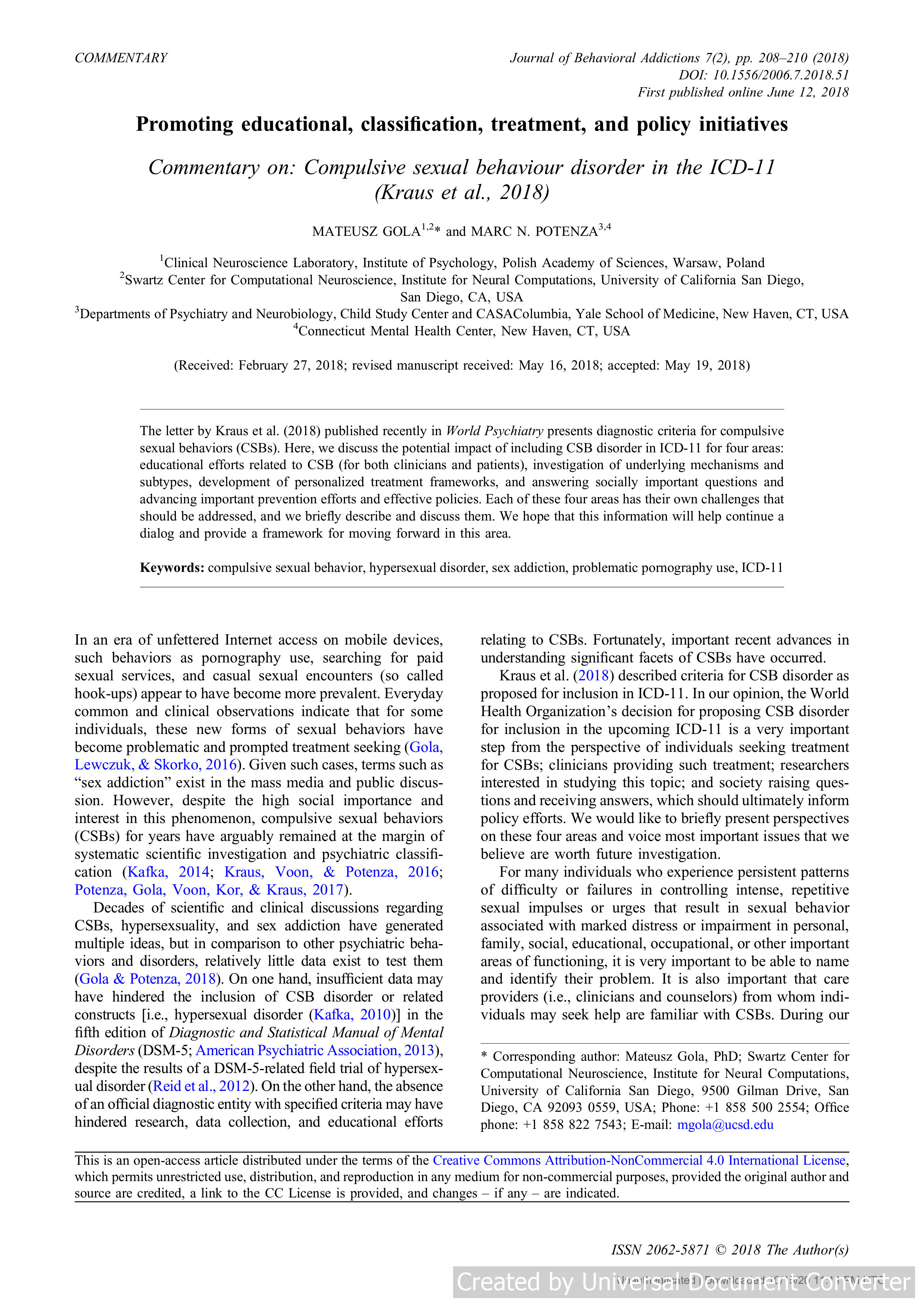 Promoting educational, classification, treatment, and policy initiatives Commentary on: Compulsive sexual behaviour disorder in the ICD-11