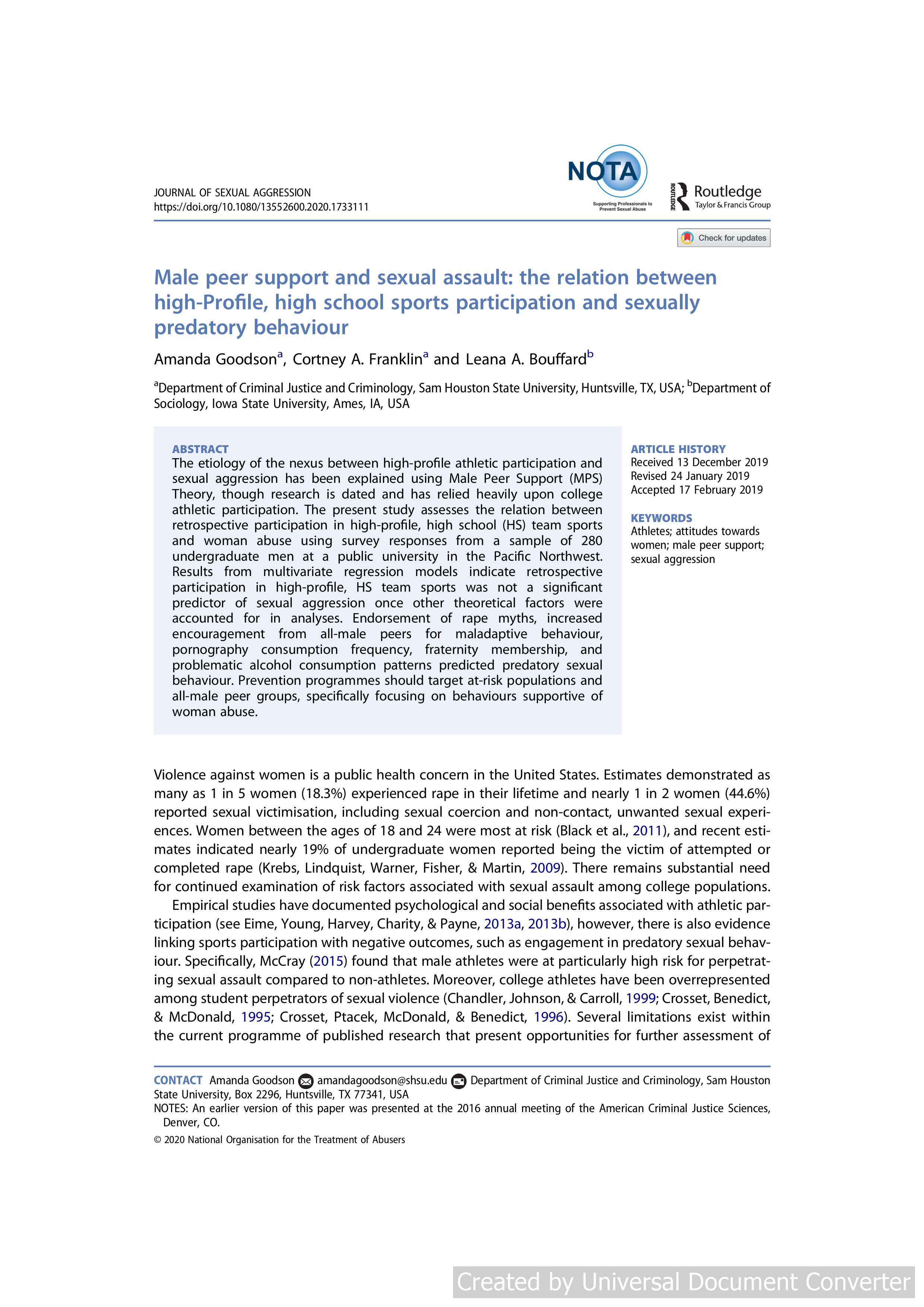Male peer support and sexual assault: the relation between high-Profile, high school sports participation and sexually predatory behaviour