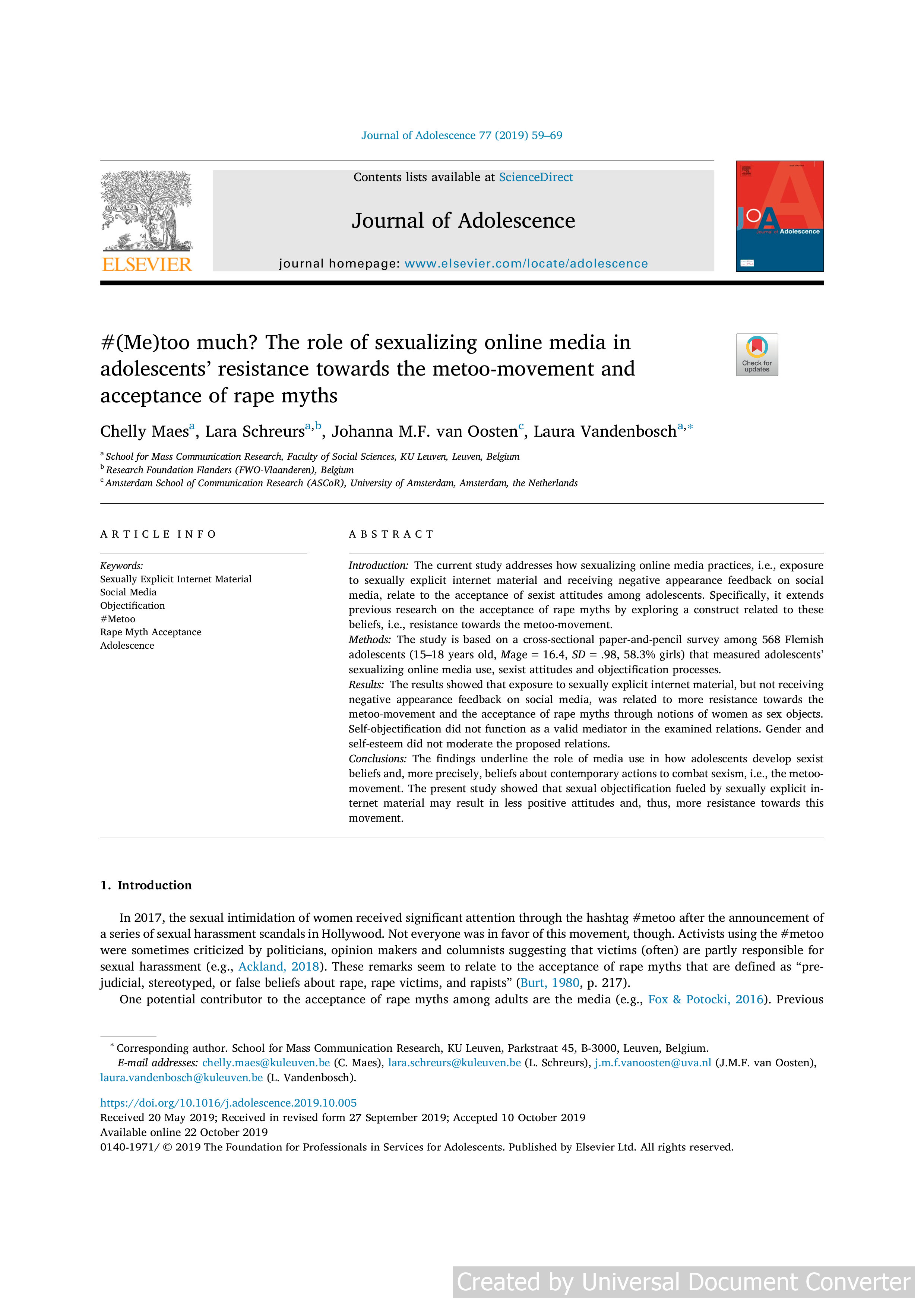#(Me)too much? The role of sexualizing online media in adolescents’ resistance towards the metoo-movement and acceptance of rape myths
