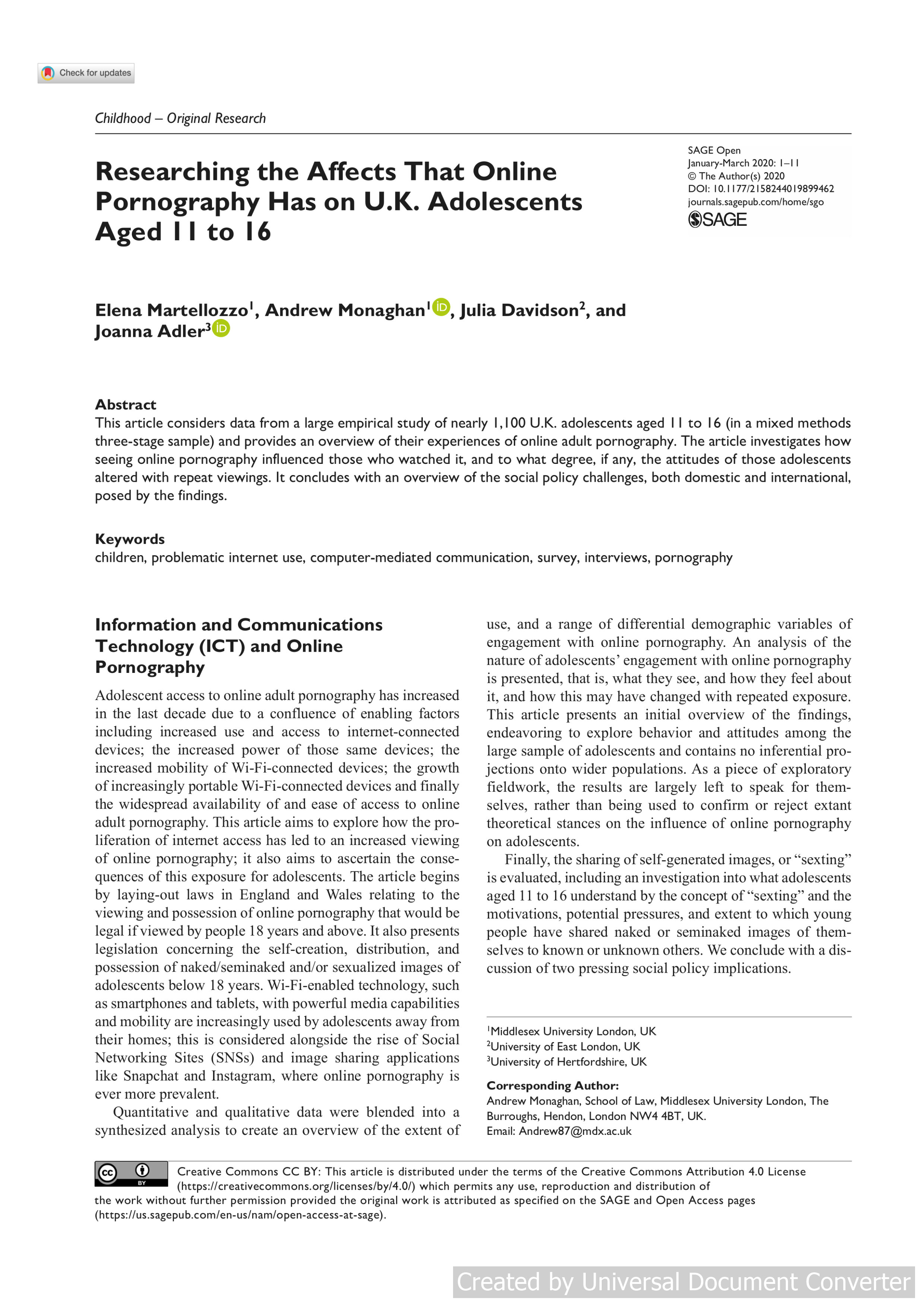 Researching the Affects That Online Pornography Has on U.K. Adolescents Aged 11 to 16