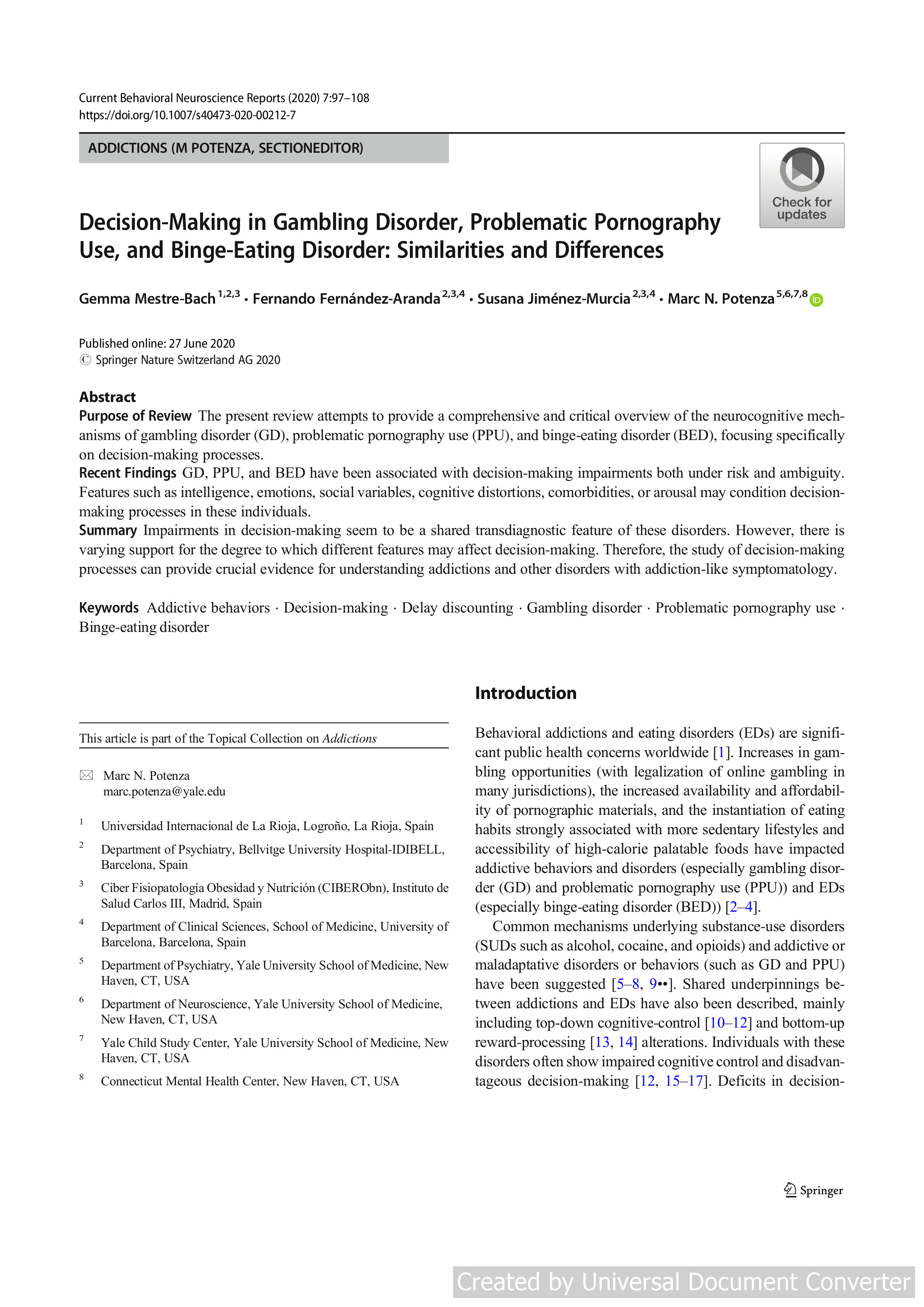 Decision-Making in Gambling Disorder, Problematic Pornography Use, and Binge-Eating Disorder: Similarities and Differences